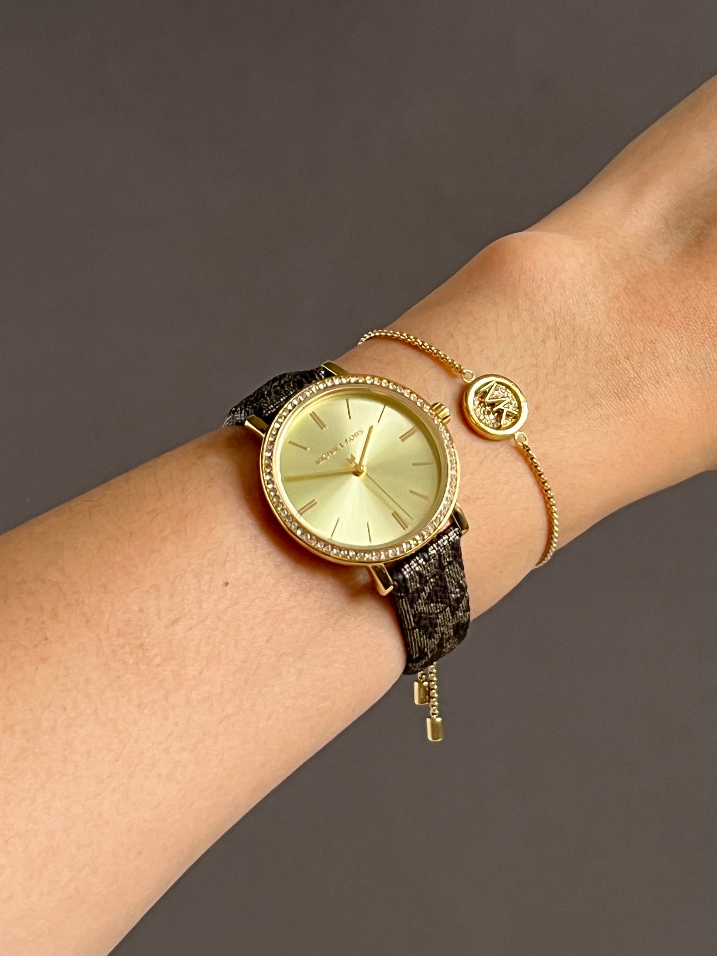 Michael Kors Women’s Addyson Quartz Crystal Gold Dial Ladies Watch and Jewelry Set