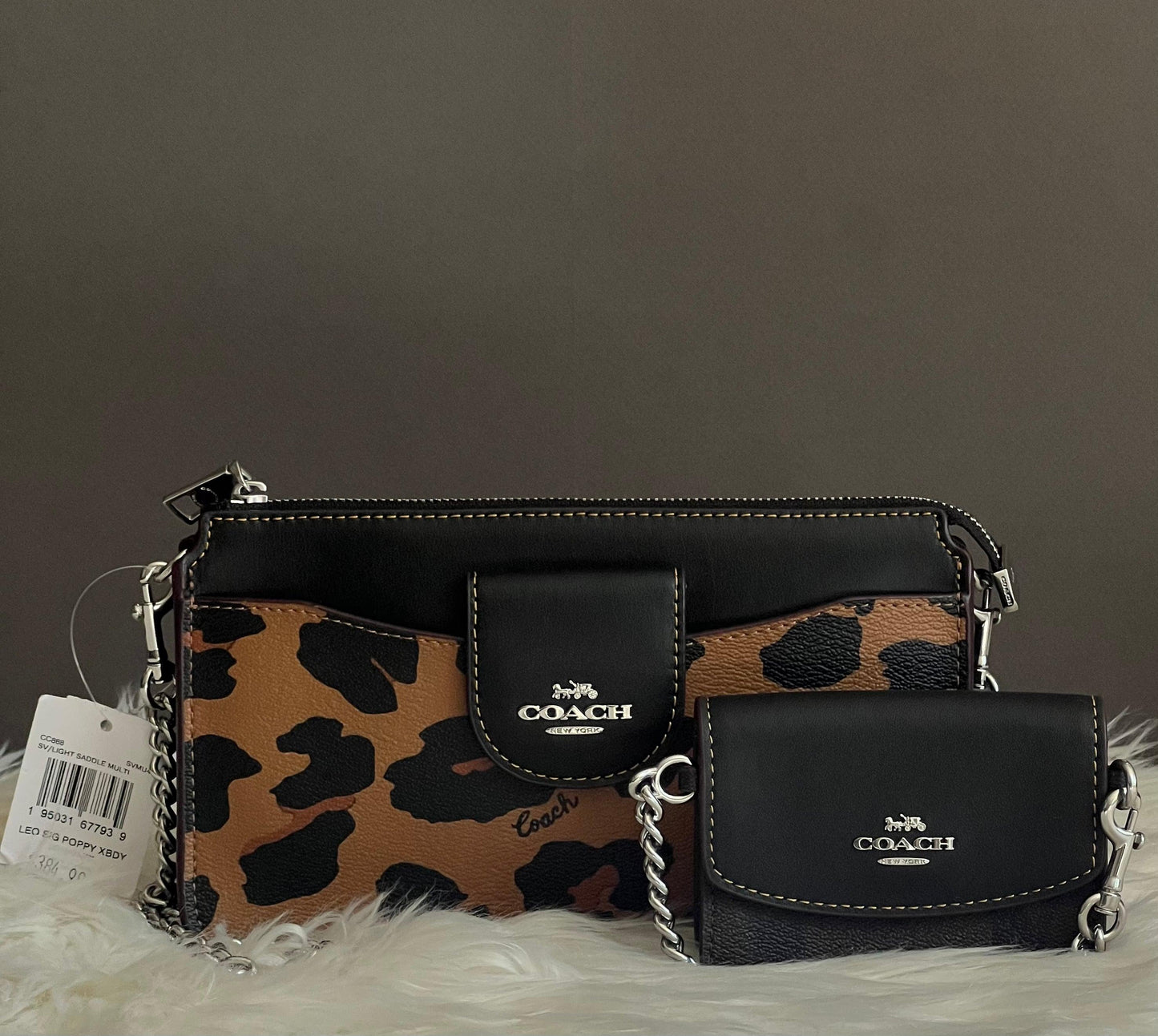 Coach Poppy Crossbody with Card Case with Leopard Print and Signature Canvas