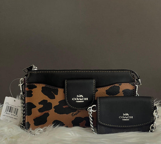 Coach Poppy Crossbody with Card Case with Leopard Print and Signature Canvas