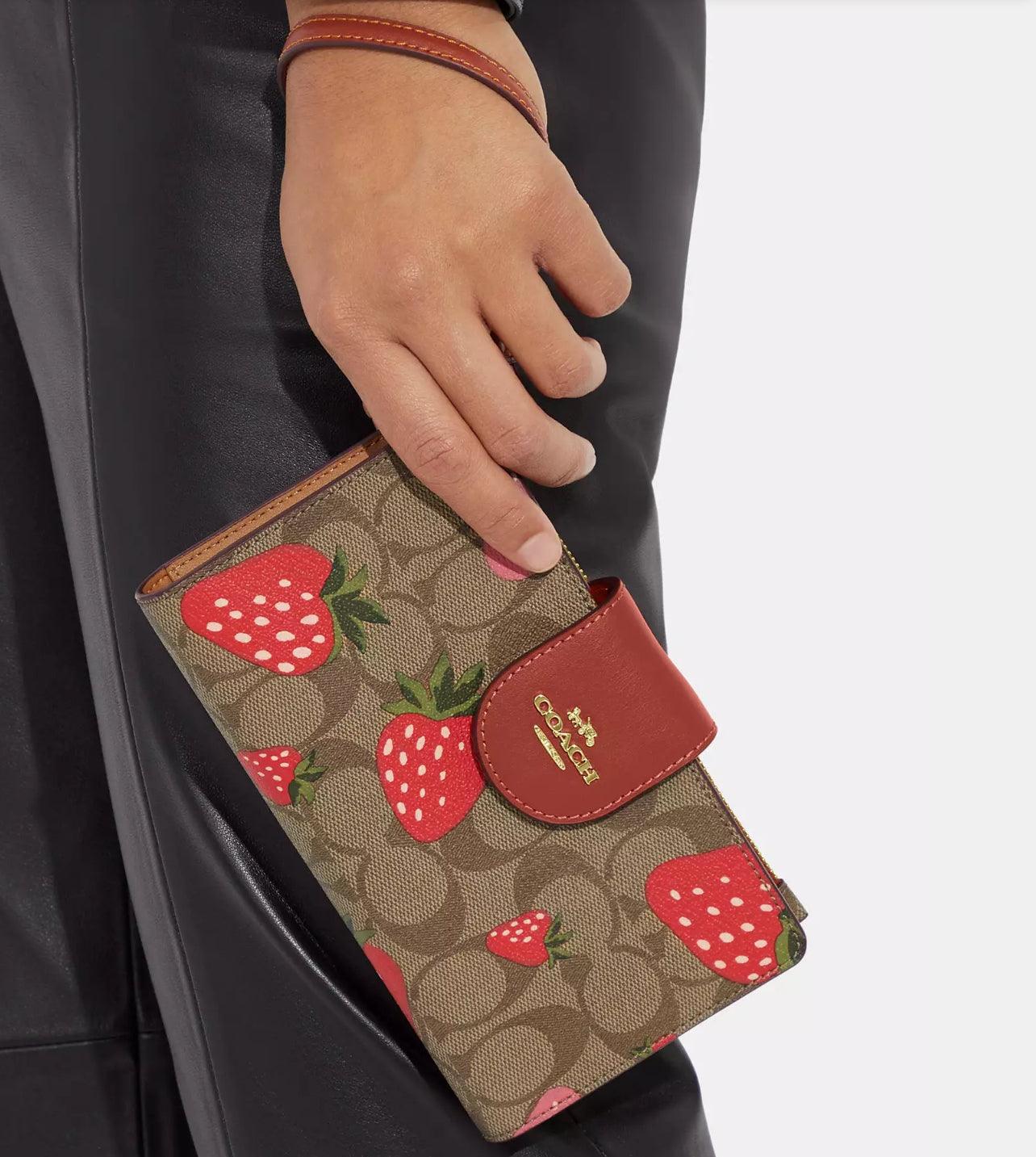 Coach Phone Wallet In Signature Canvas With Wild Strawberry Print