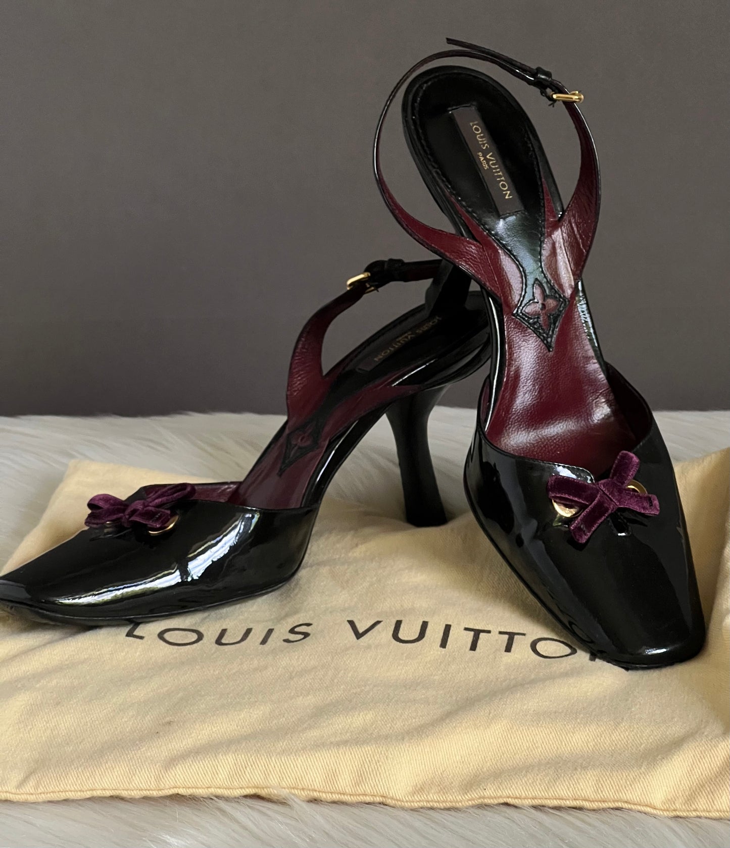 Louis Vuitton Purple Velvet Bow Patent Pumps