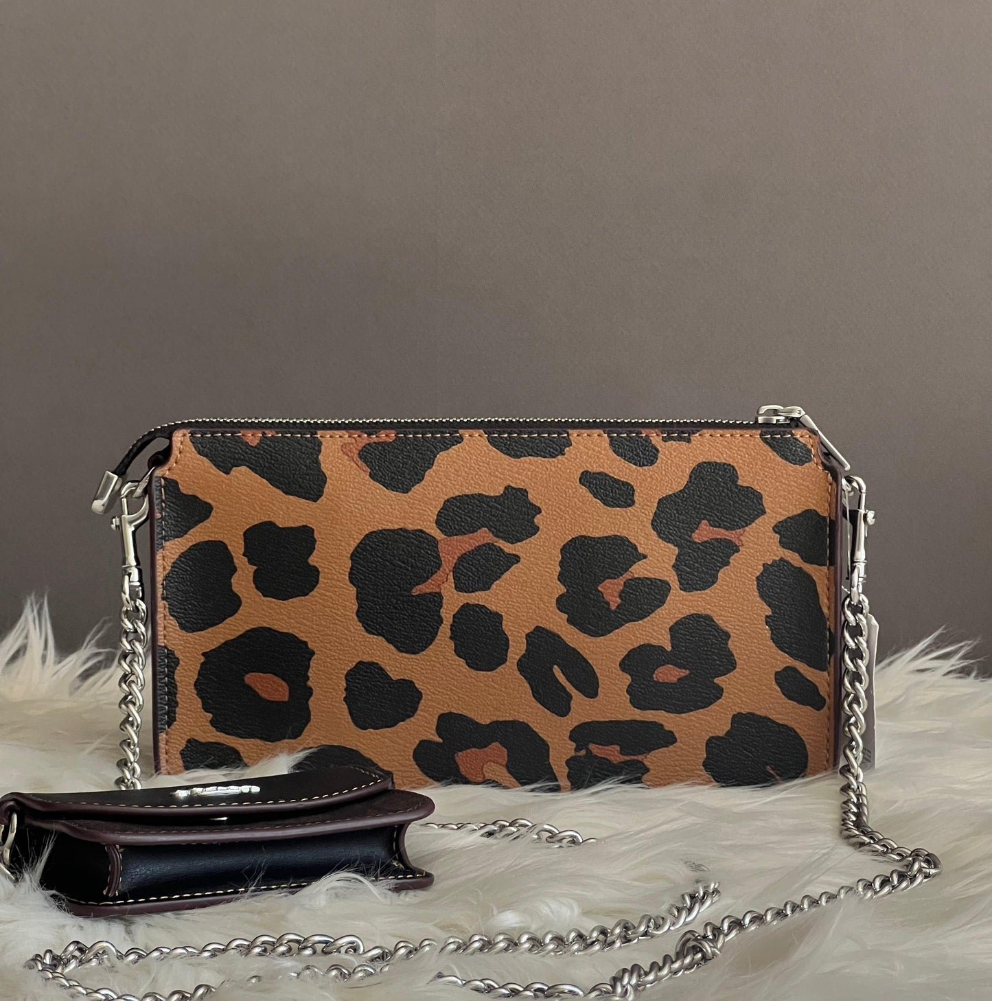 Coach Poppy Crossbody with Card Case with Leopard Print and Signature Canvas