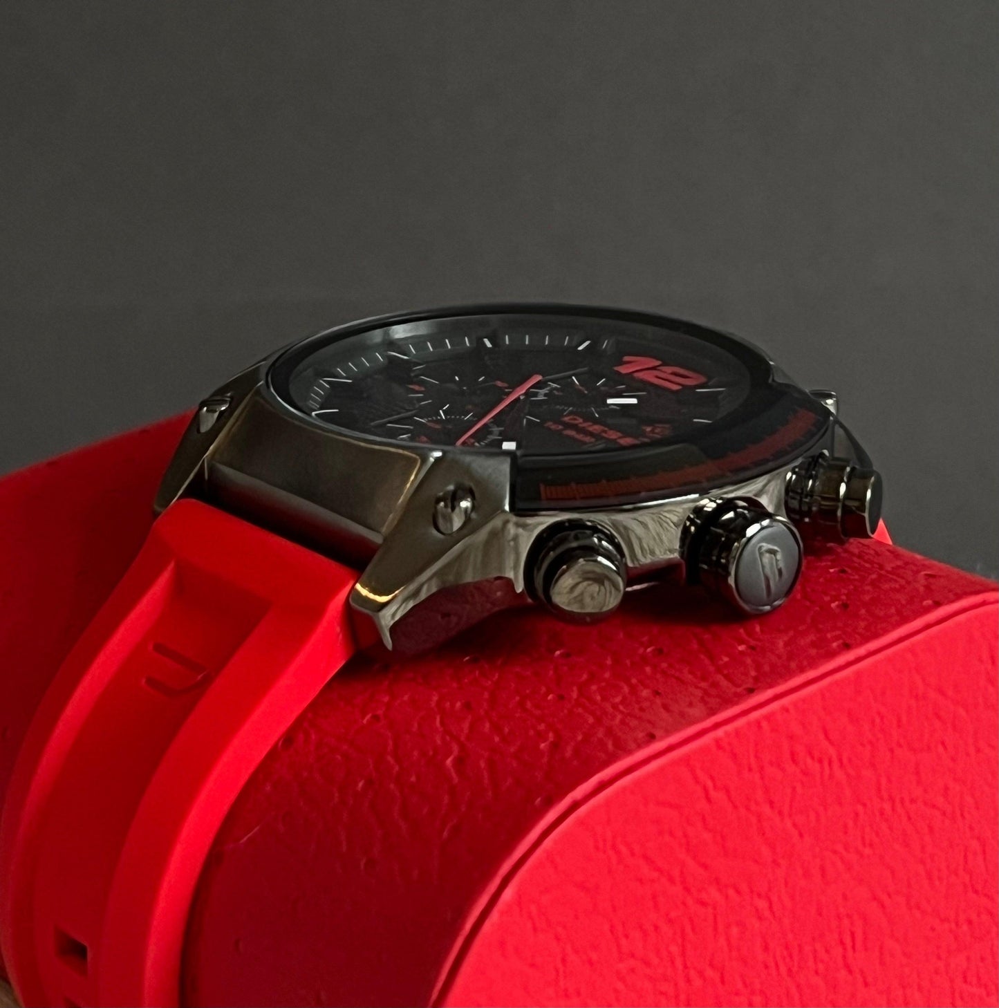 Diesel Men's Overflow Chronograph Gunmetal and Red Silicone Watch