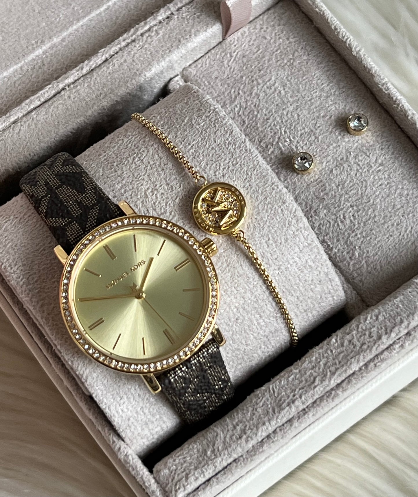 Michael Kors Women’s Addyson Quartz Crystal Gold Dial Ladies Watch and Jewelry Set