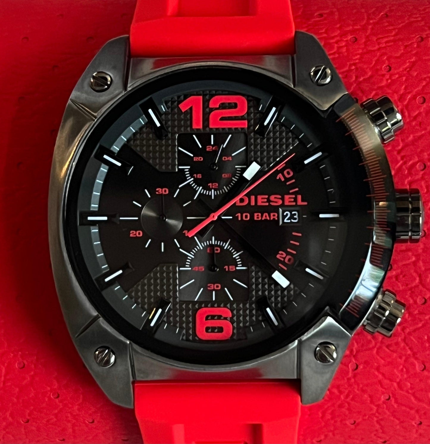 Diesel Men's Overflow Chronograph Gunmetal and Red Silicone Watch
