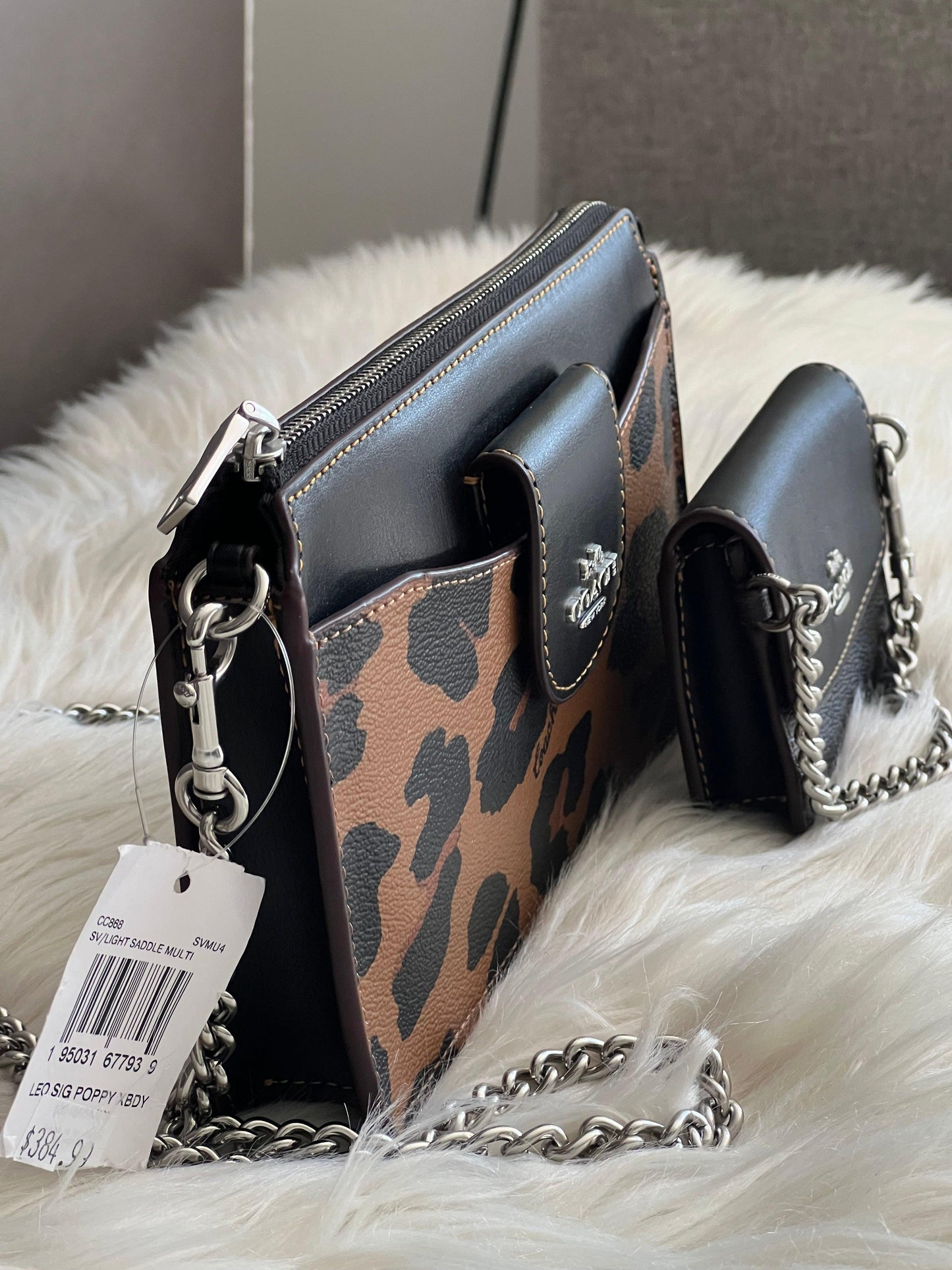 Coach Poppy Crossbody with Card Case with Leopard Print and Signature Canvas