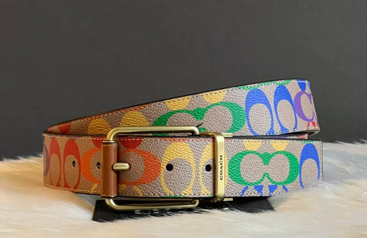 Coach Roller Buckle Cut To Size Reversible Belt In Rainbow Signature Canvas