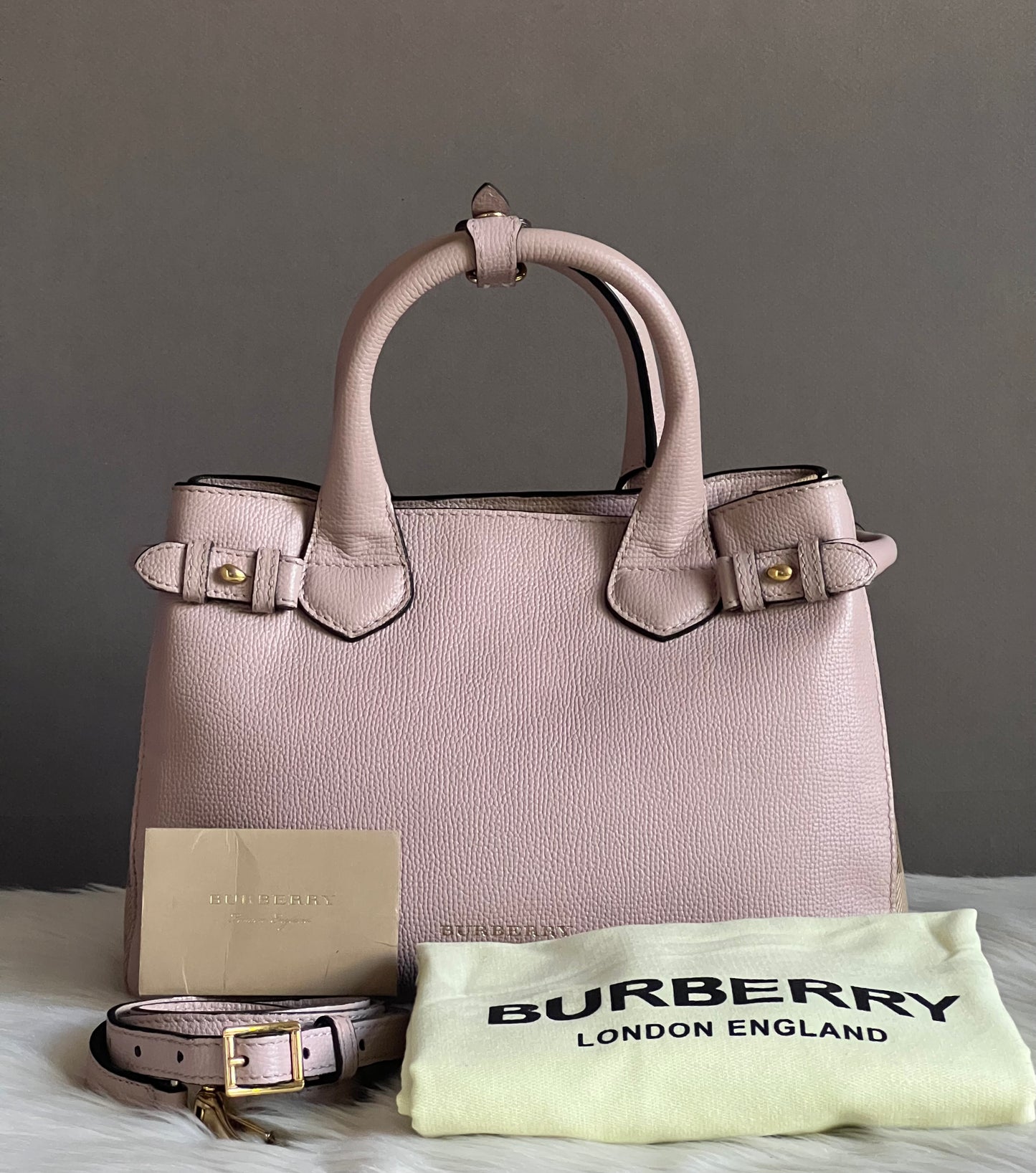 Burberry Derby Leather House Check Small Banner Tote Bag