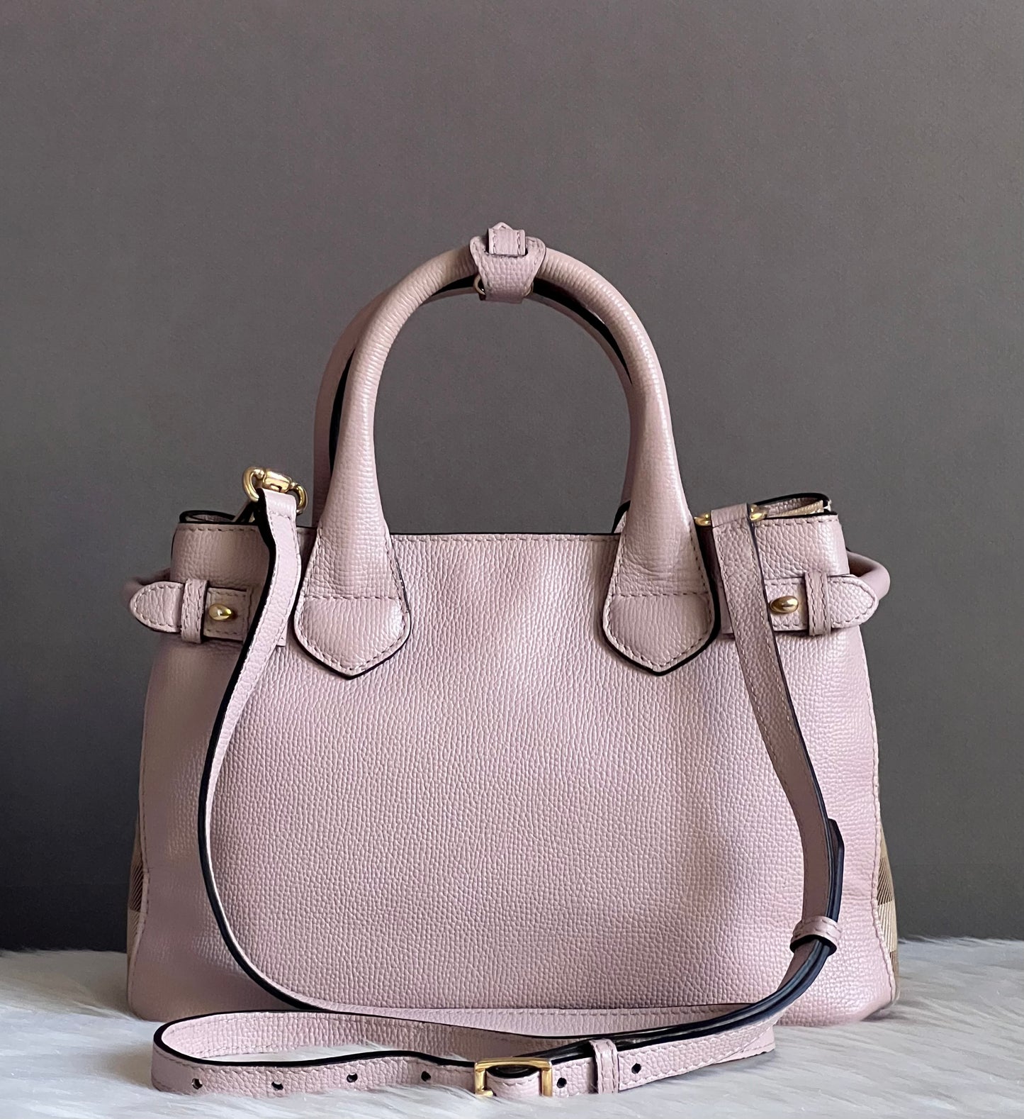Burberry Derby Leather House Check Small Banner Tote Bag
