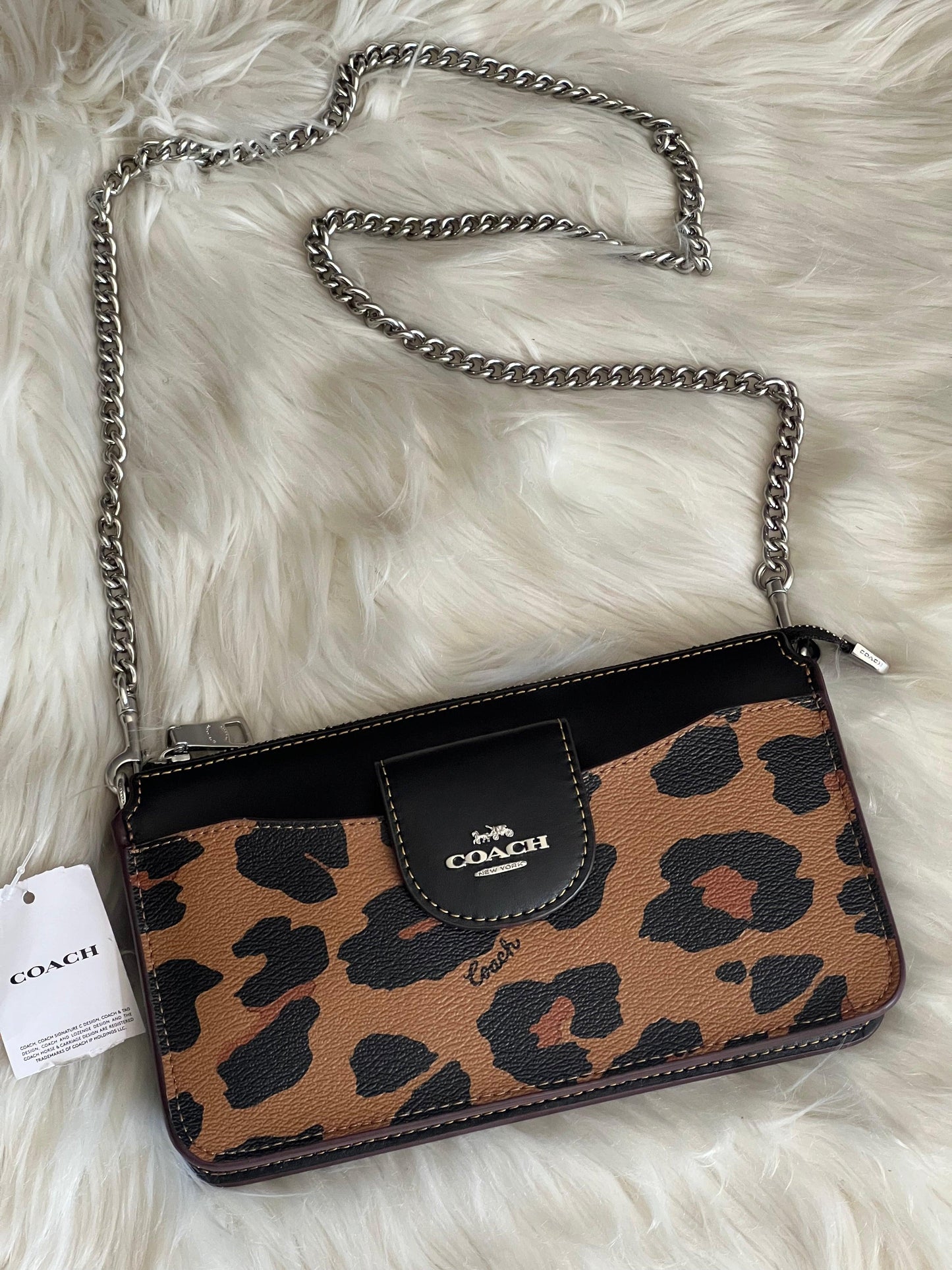 Coach Poppy Crossbody with Card Case with Leopard Print and Signature Canvas