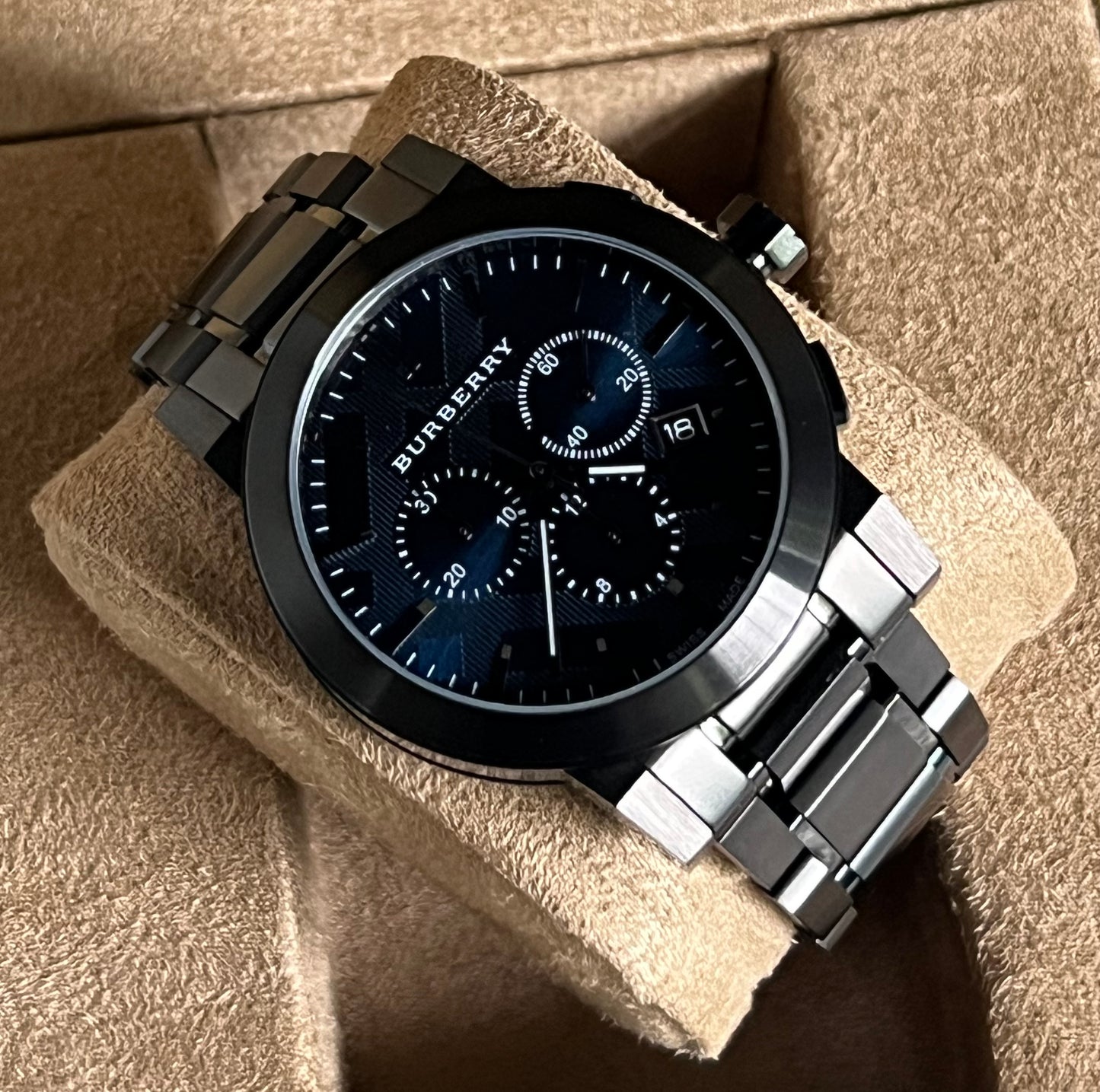 Burberry Men’s Large Check Gray Ion-Plated Stainless Steel Watch