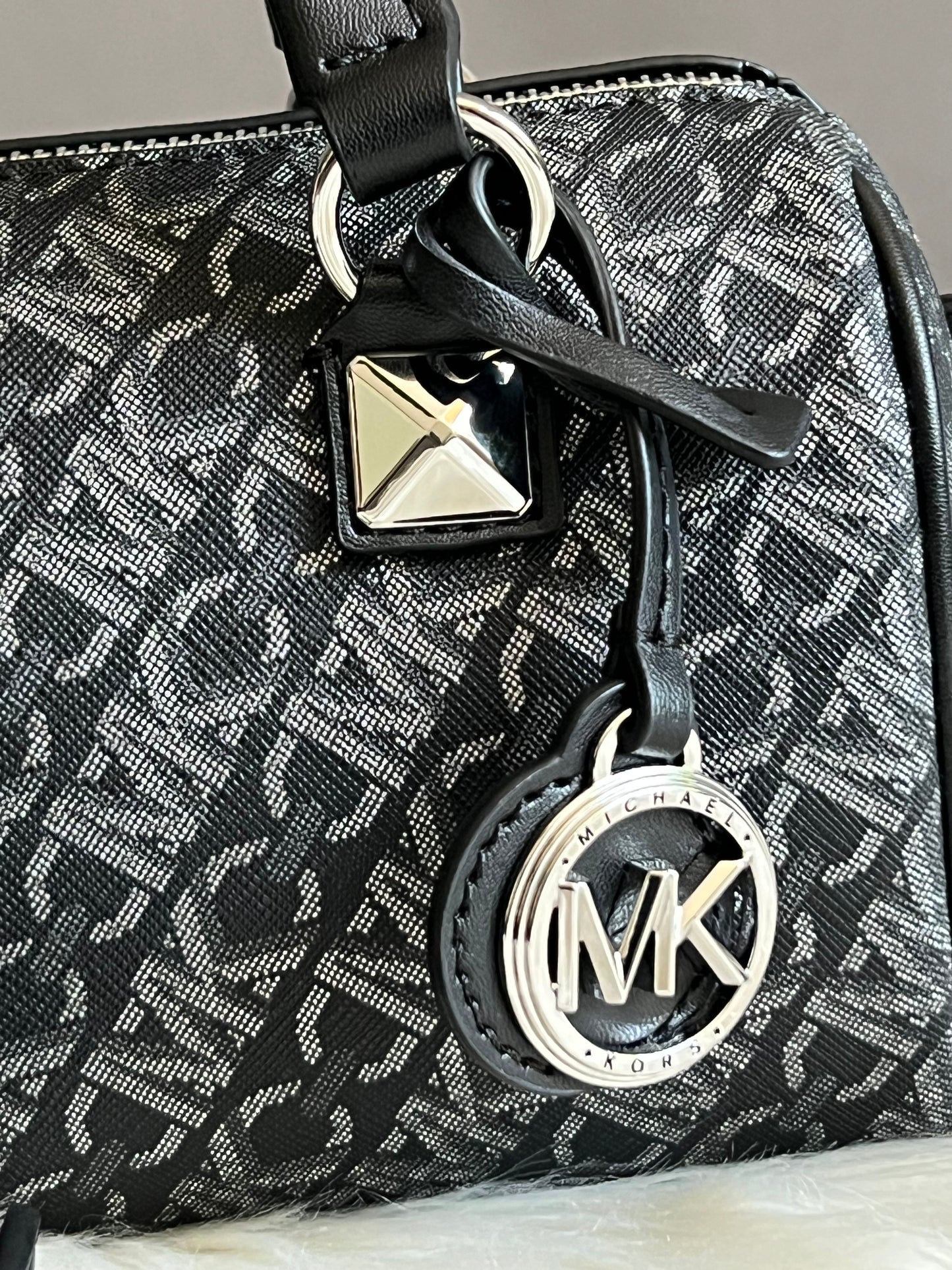Michael Kors Grayson Small Metallic Empire Monogram Duffel Crossbody Bag