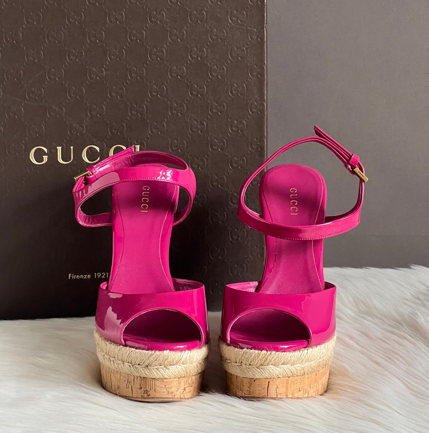 Gucci Vernice Crystal Platform Wedge Sandals
