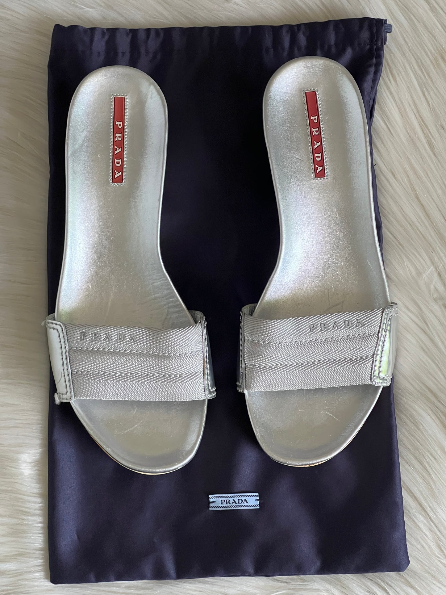 Prada Silver Wooden Mule Sandals