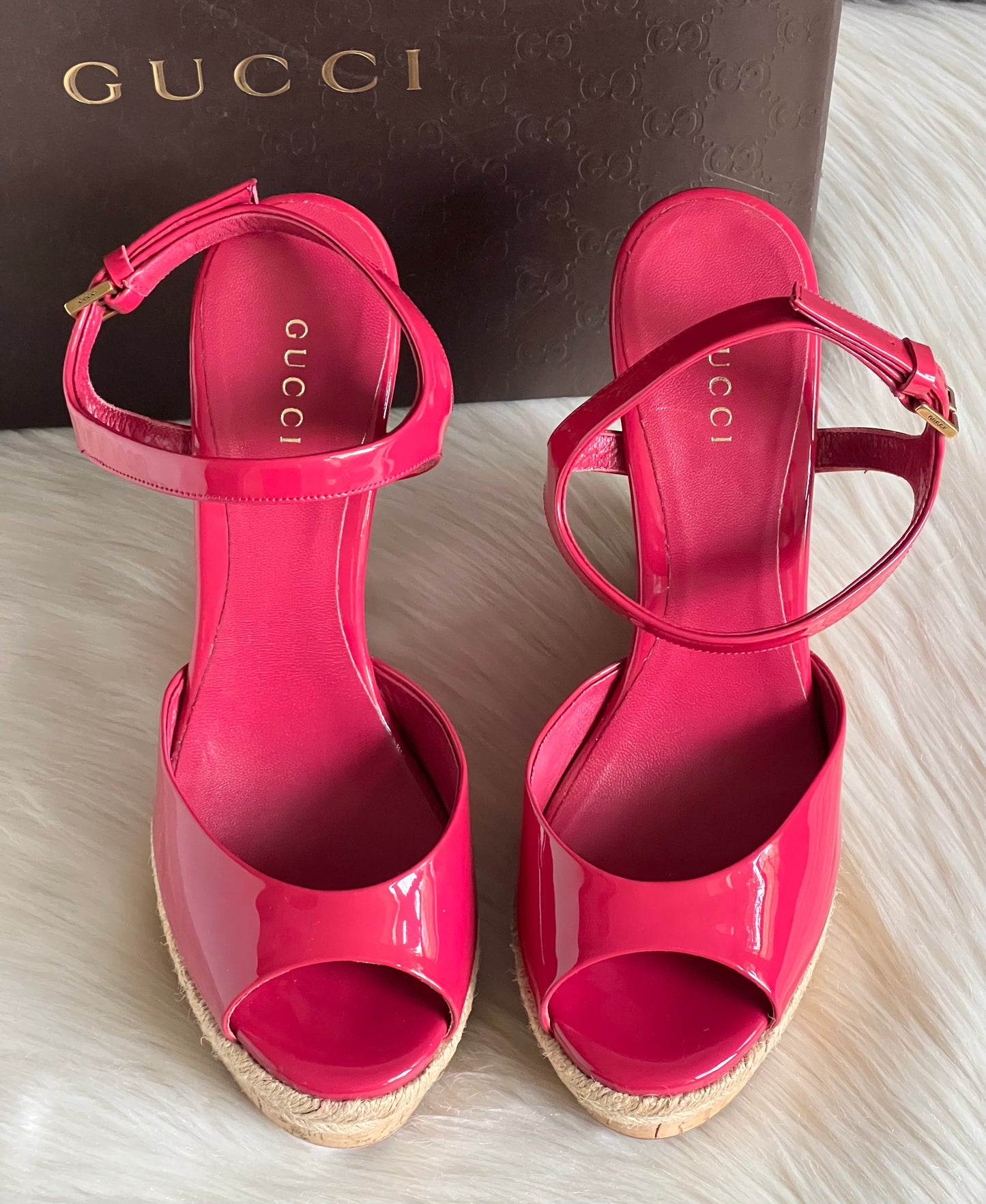 Gucci Vernice Crystal Platform Wedge Sandals