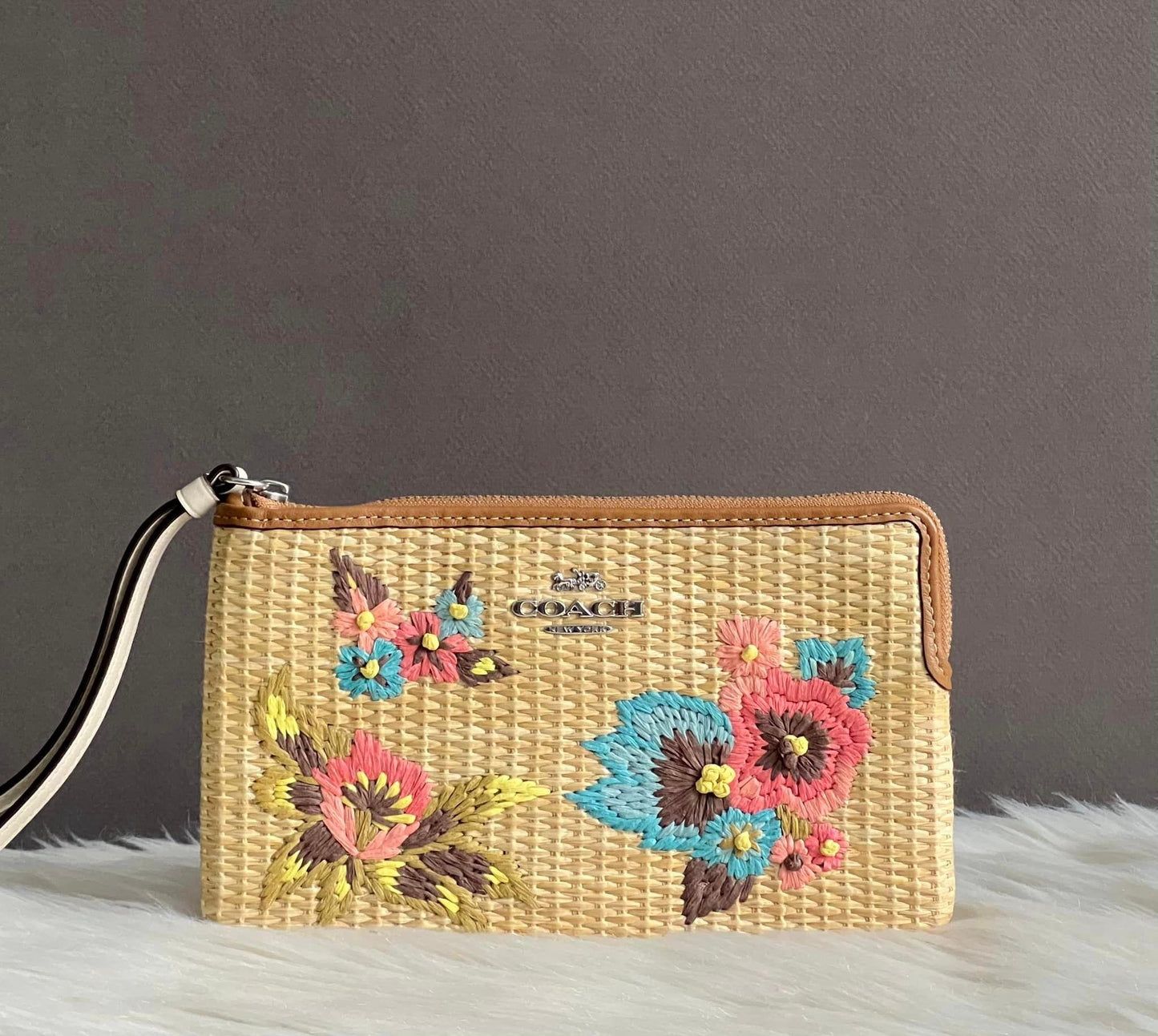 Coach Large Corner Zip Wristlet With Floral Embroidery