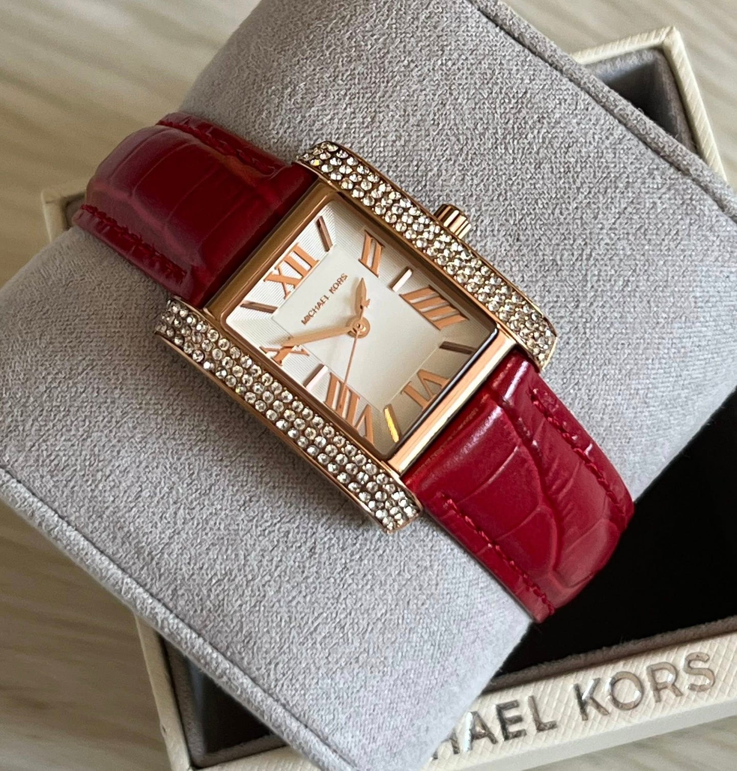 Michael Kors Women’s Mini Emery Pavé Rose Gold-Tone and Crocodile Embossed Leather Watch