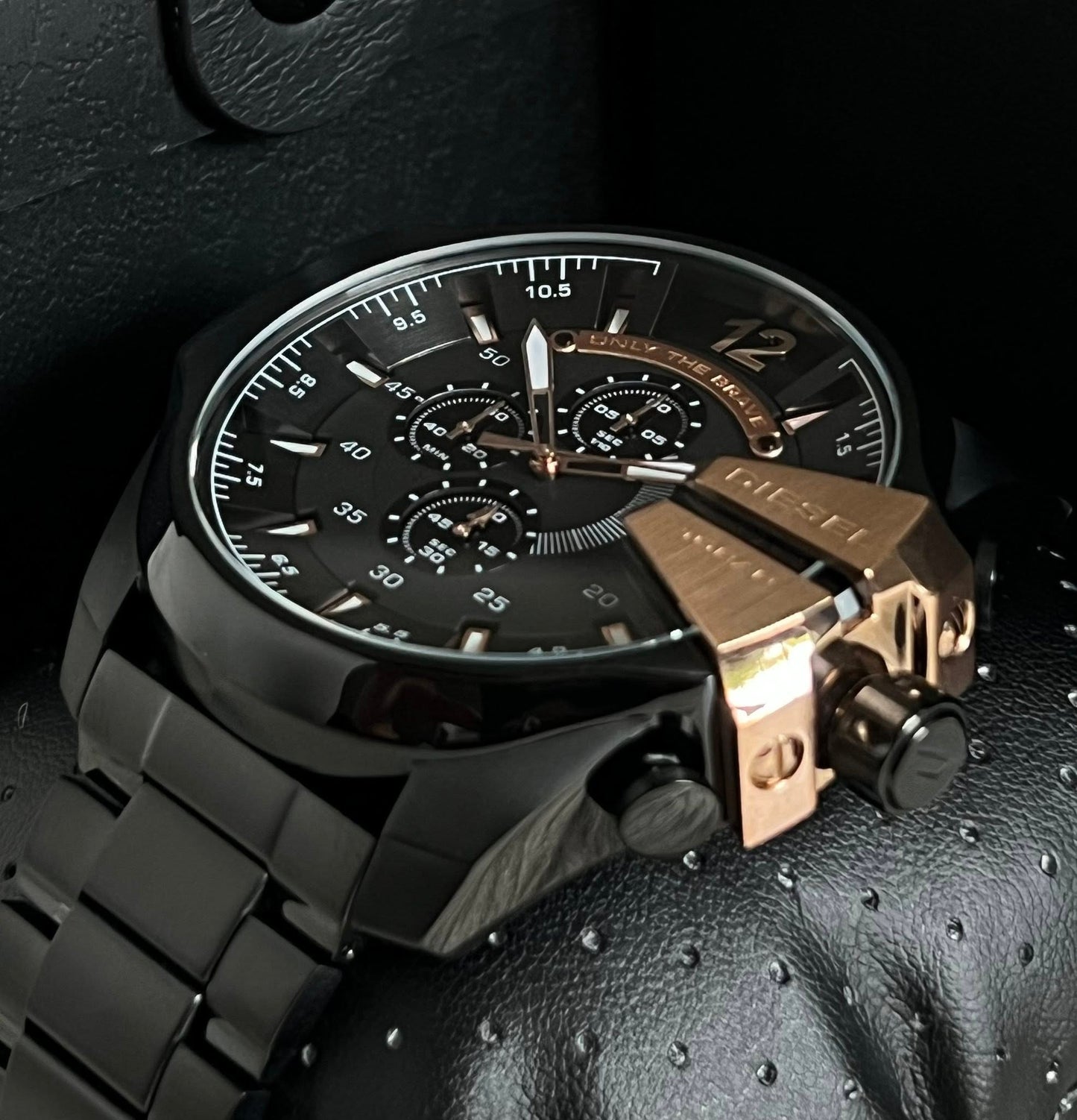 Diesel Men’s Mega Chief Black IP and Rose Gold Chronograph