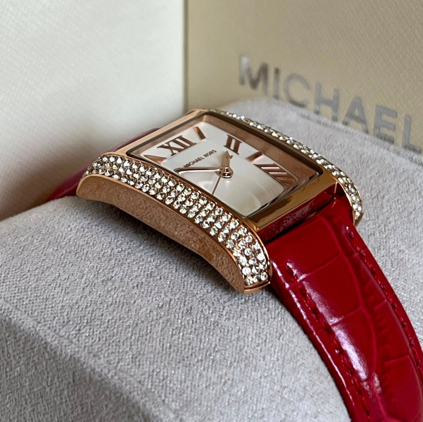 Michael Kors Women’s Mini Emery Pavé Rose Gold-Tone and Crocodile Embossed Leather Watch