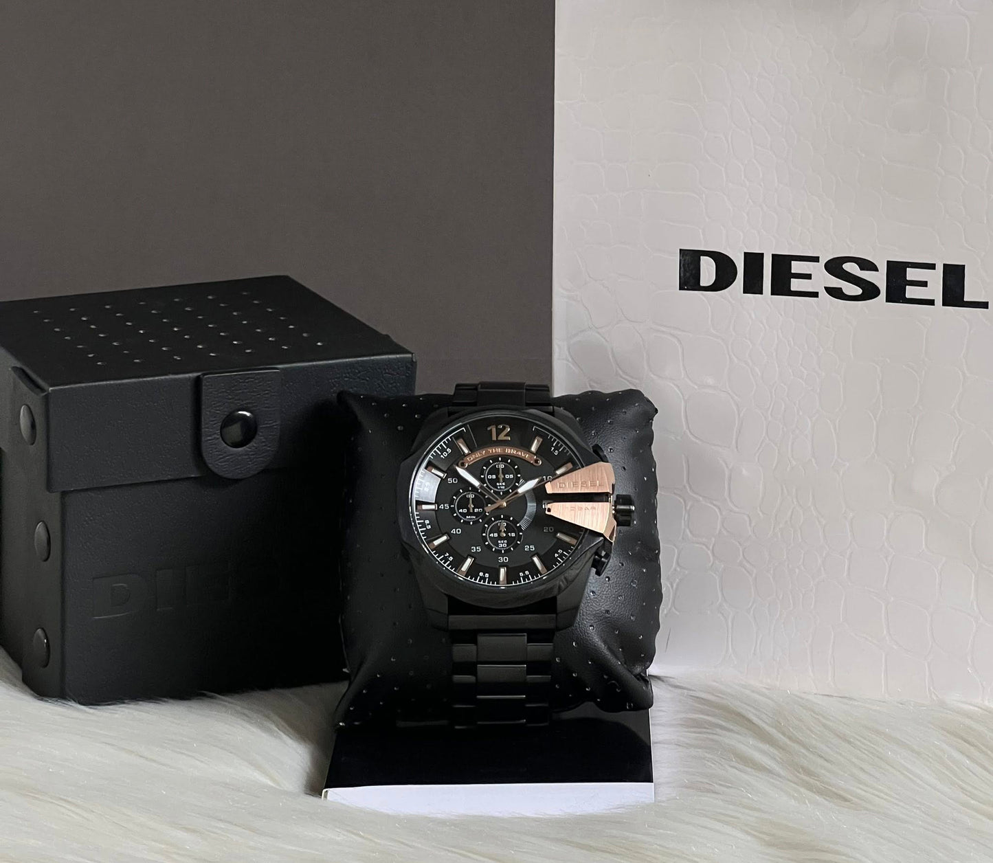 Diesel Men’s Mega Chief Black IP and Rose Gold Chronograph