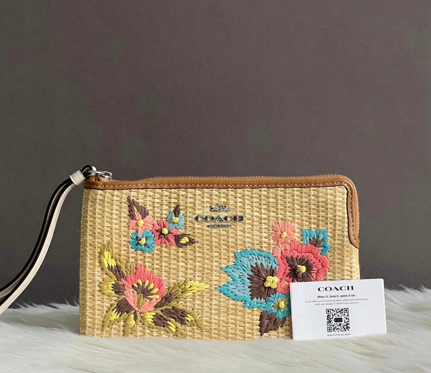 Coach Large Corner Zip Wristlet With Floral Embroidery