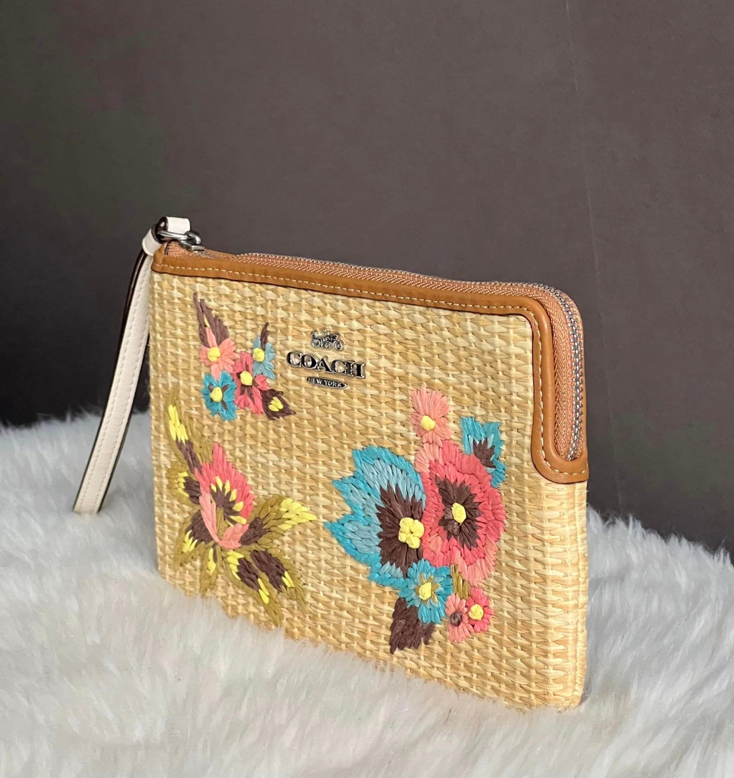 Coach Large Corner Zip Wristlet With Floral Embroidery