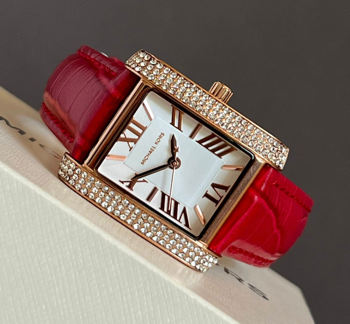 Michael Kors Women’s Mini Emery Pavé Rose Gold-Tone and Crocodile Embossed Leather Watch