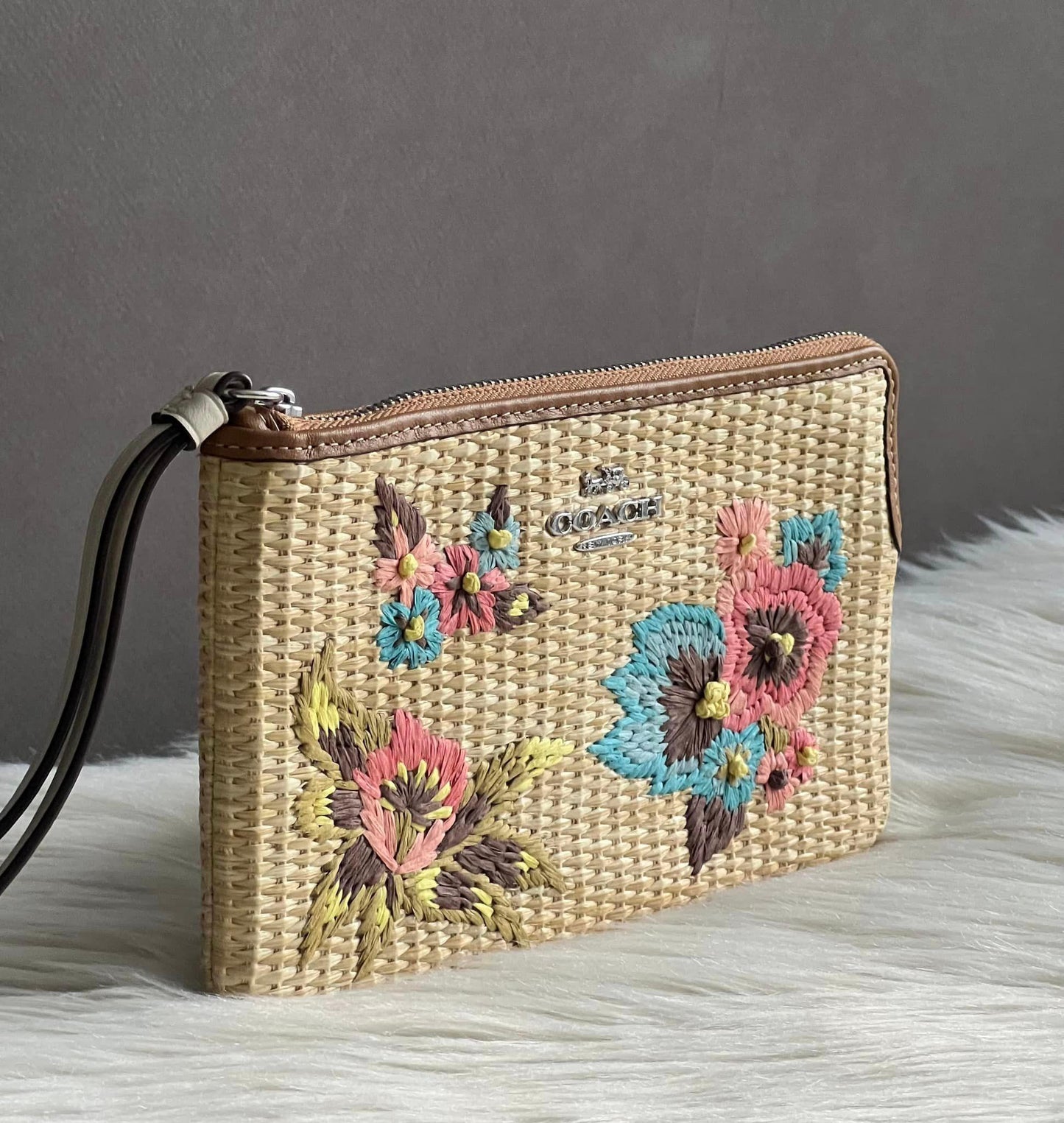 Coach Large Corner Zip Wristlet With Floral Embroidery