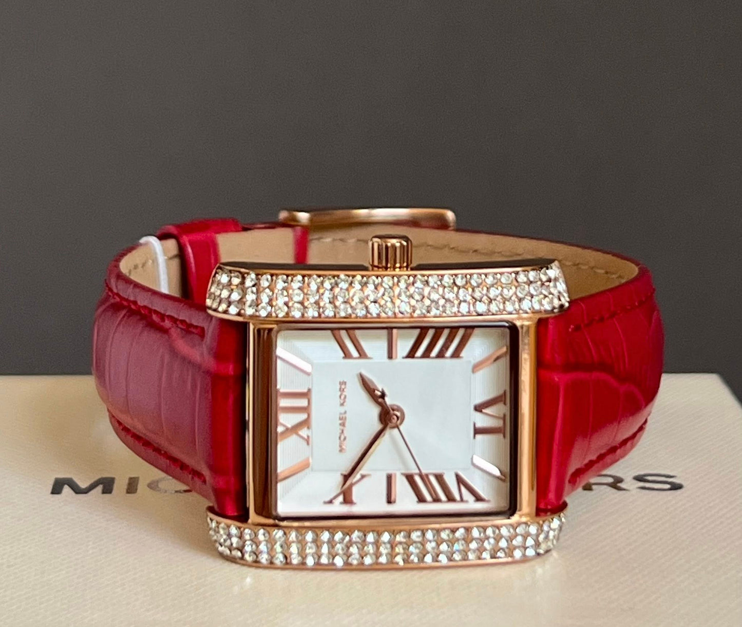 Michael Kors Women’s Mini Emery Pavé Rose Gold-Tone and Crocodile Embossed Leather Watch