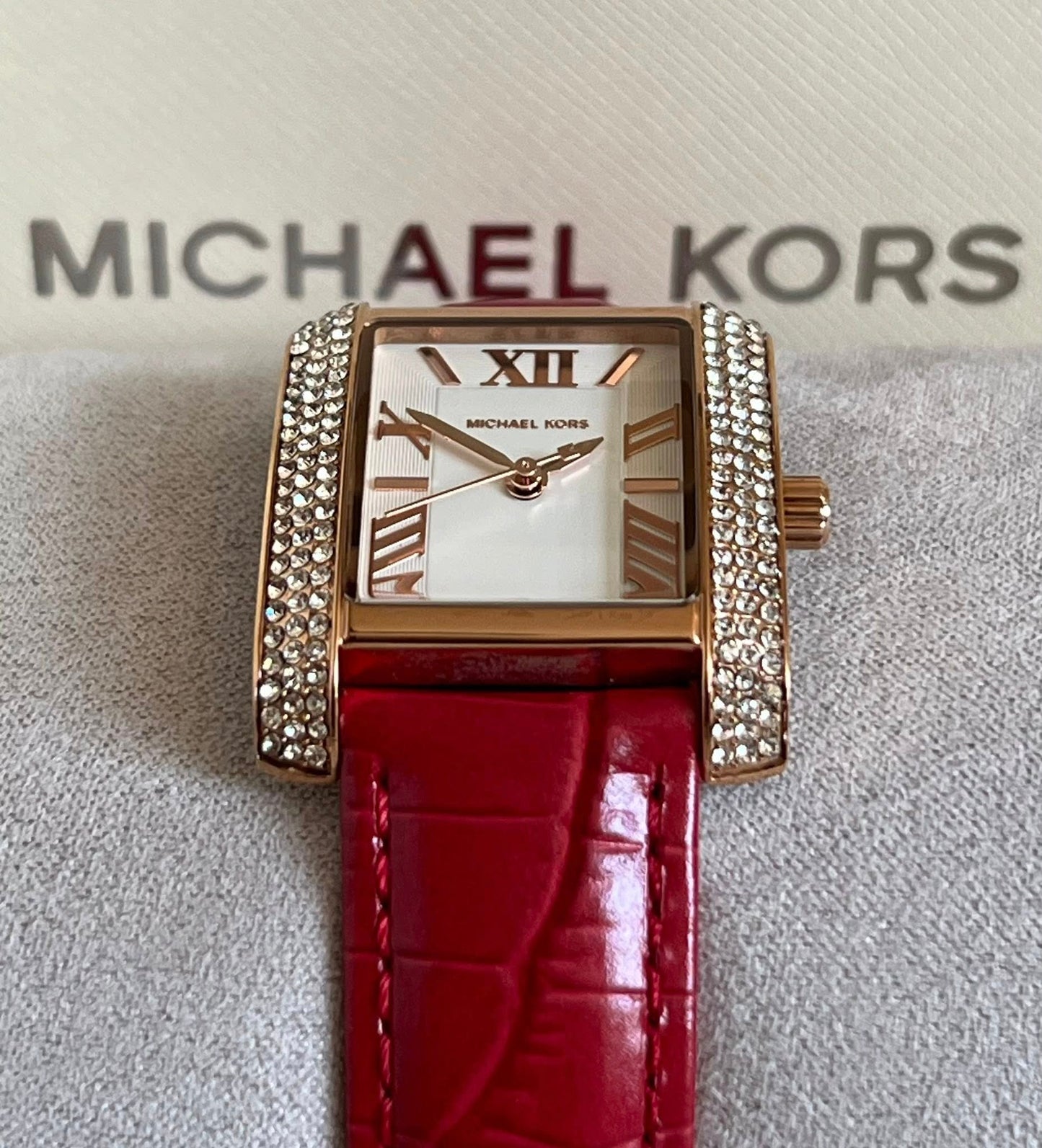 Michael Kors Women’s Mini Emery Pavé Rose Gold-Tone and Crocodile Embossed Leather Watch