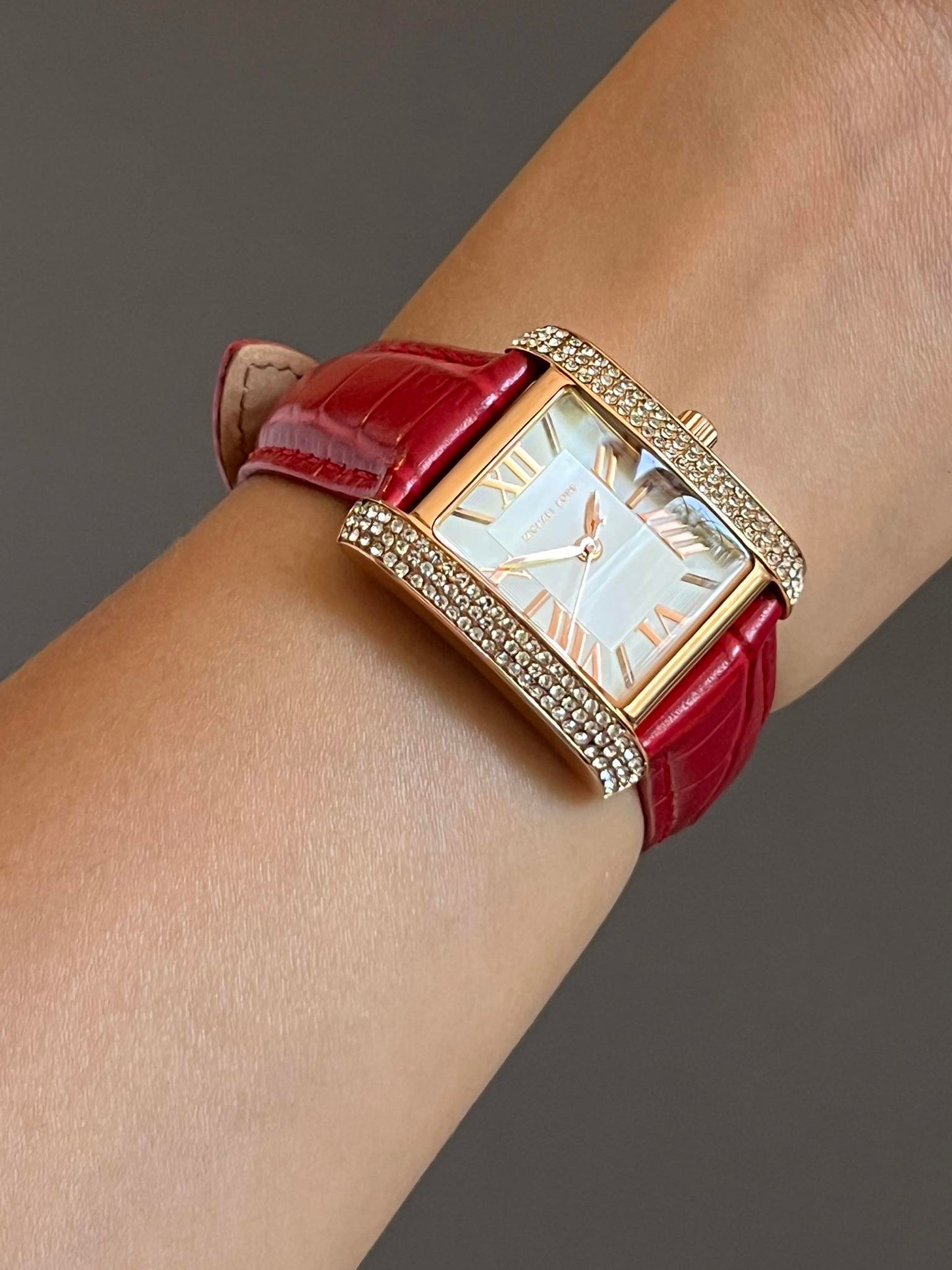 Michael Kors Women’s Mini Emery Pavé Rose Gold-Tone and Crocodile Embossed Leather Watch