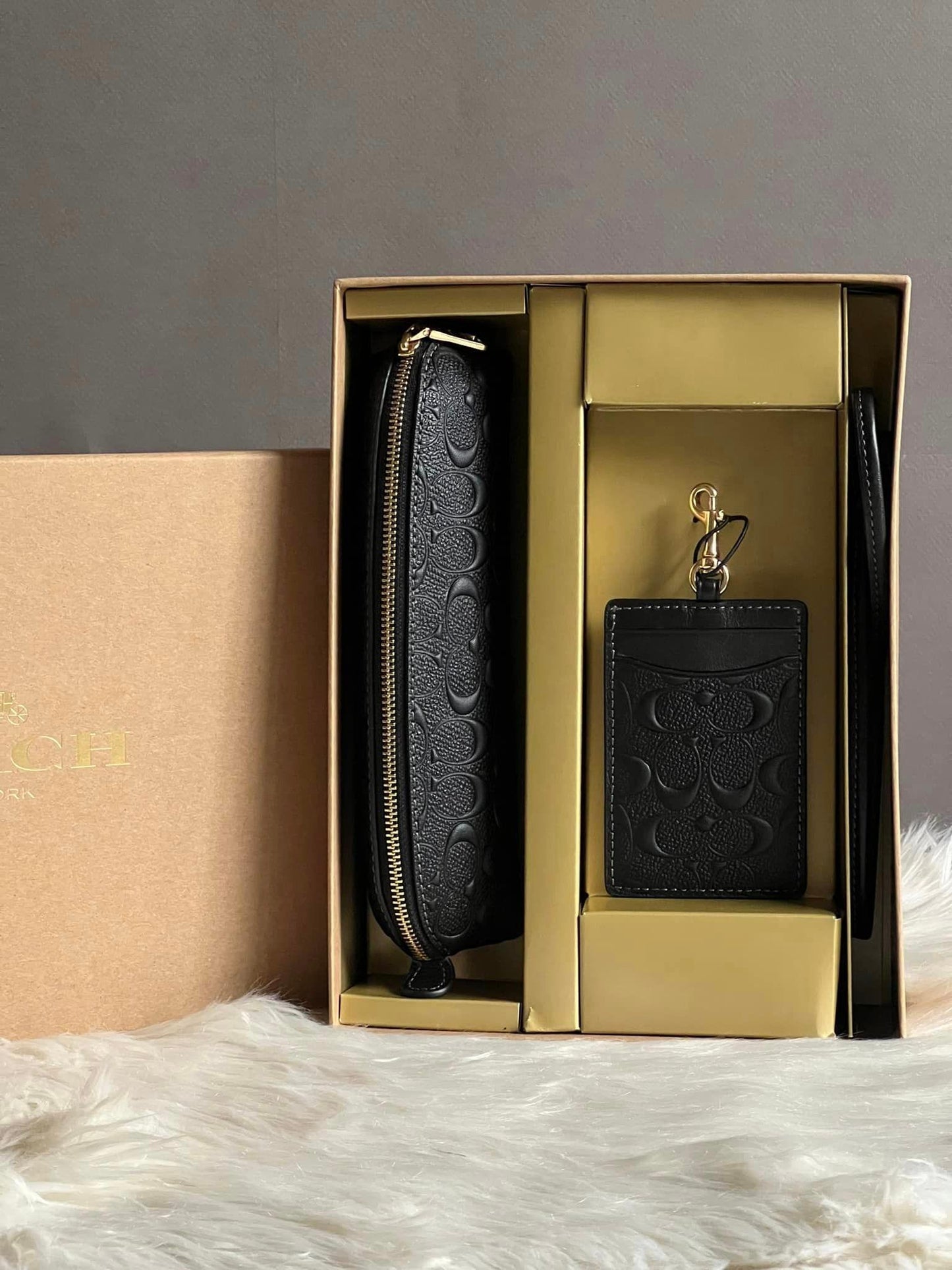 Coach Boxed Pencil Case and ID Lanyard Set in Signature Leather