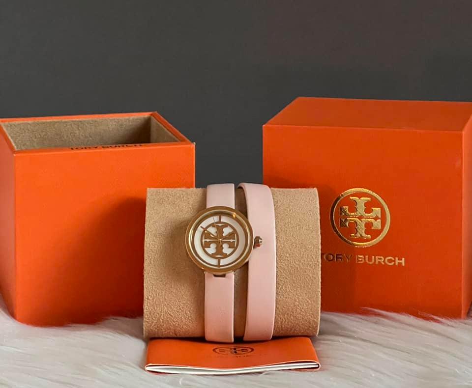 Tory Burch Reva Double-Wrap Watch in Nude Leather/Gold Tone