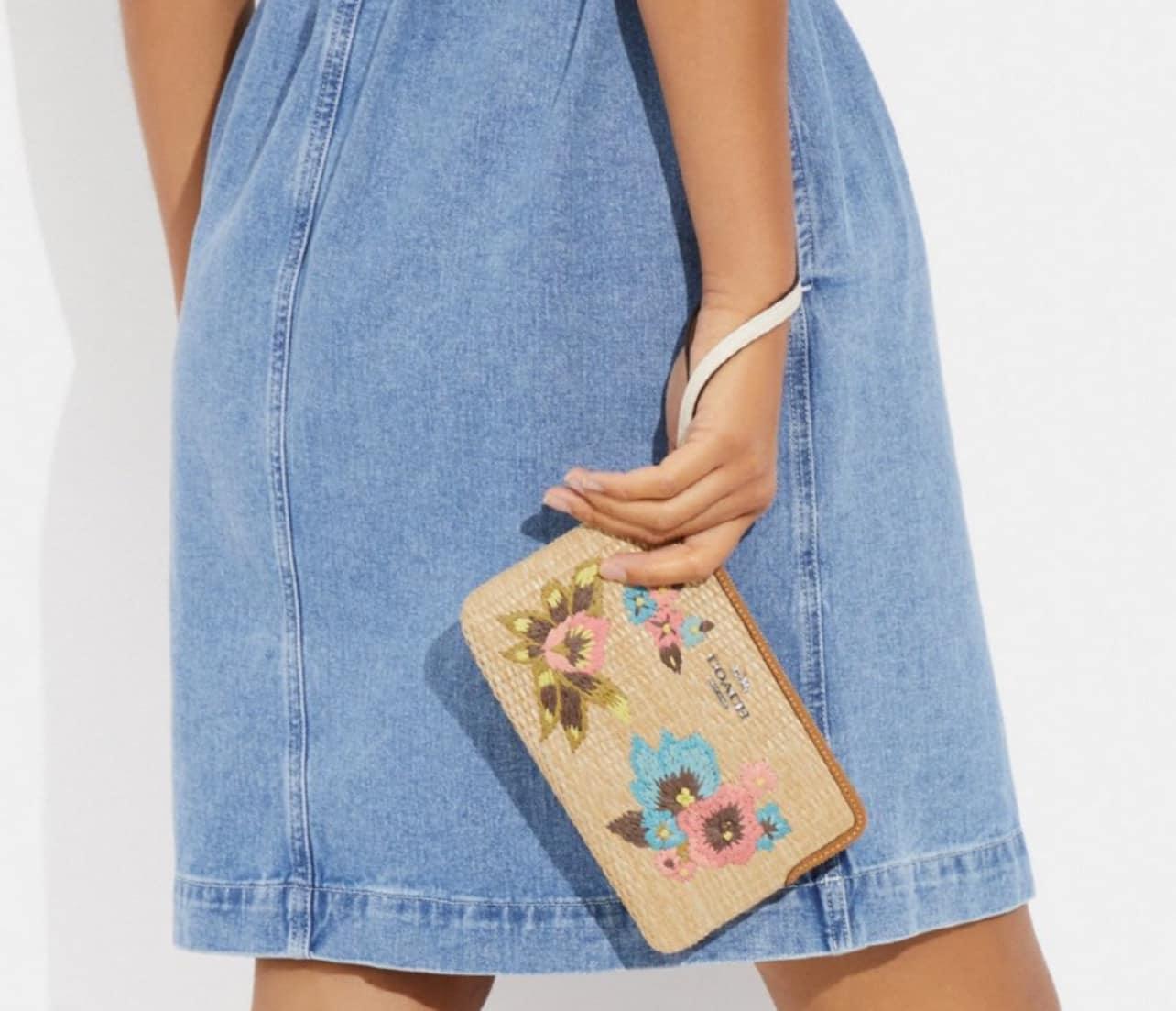Coach Large Corner Zip Wristlet With Floral Embroidery