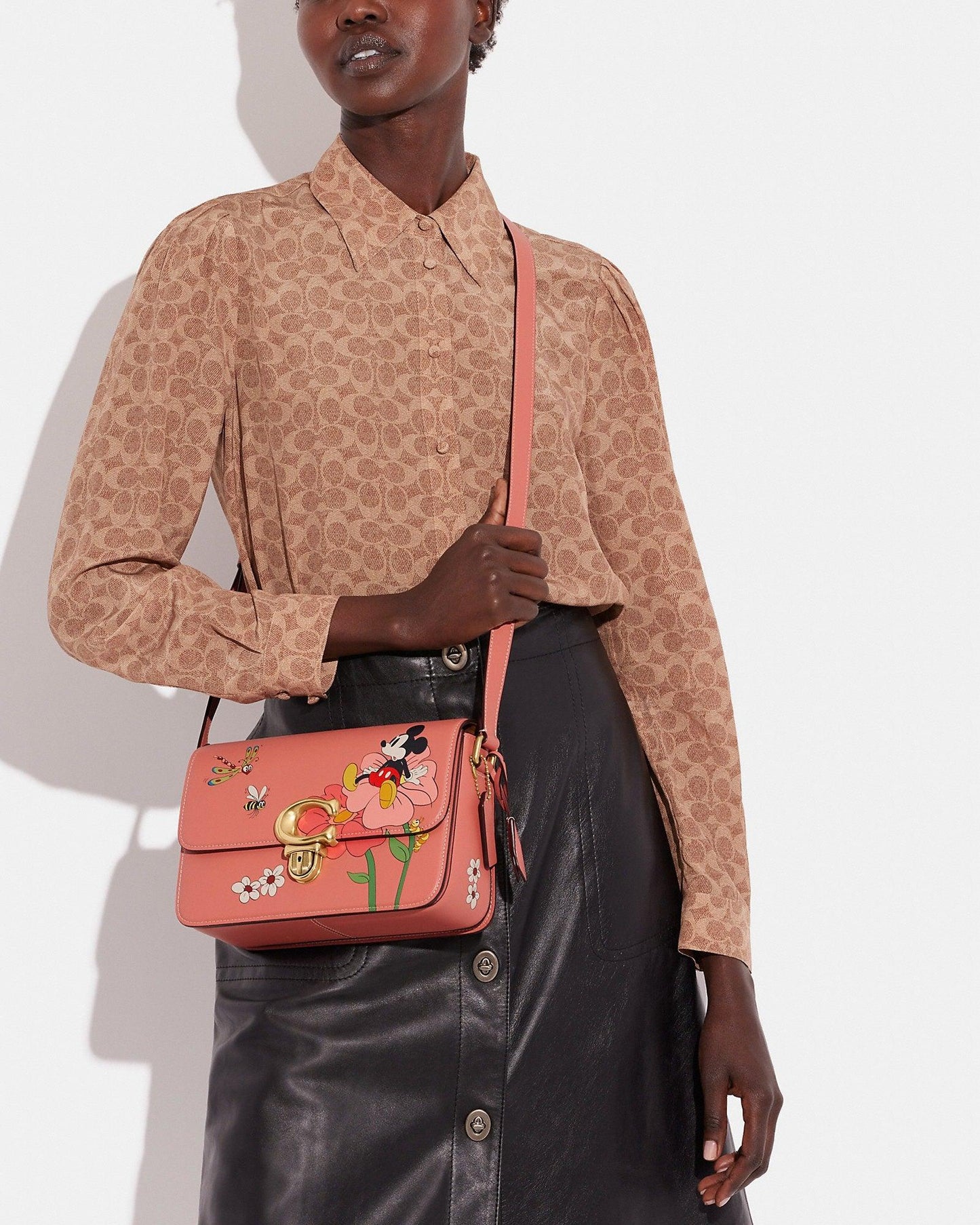 Disney X Coach Studio Shoulder Bag with Mickey Mouse and Flowers