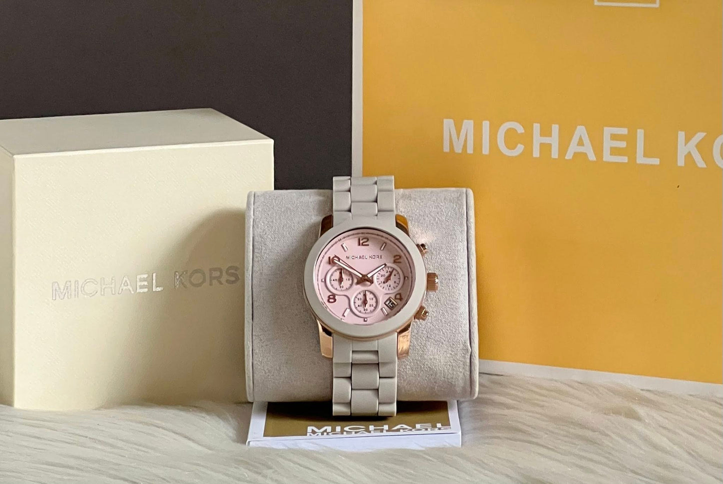 Michael Kors Women’s Runway Chronograph Rose Gold-Tone Stainless Steel and Wheat Silicone Watch