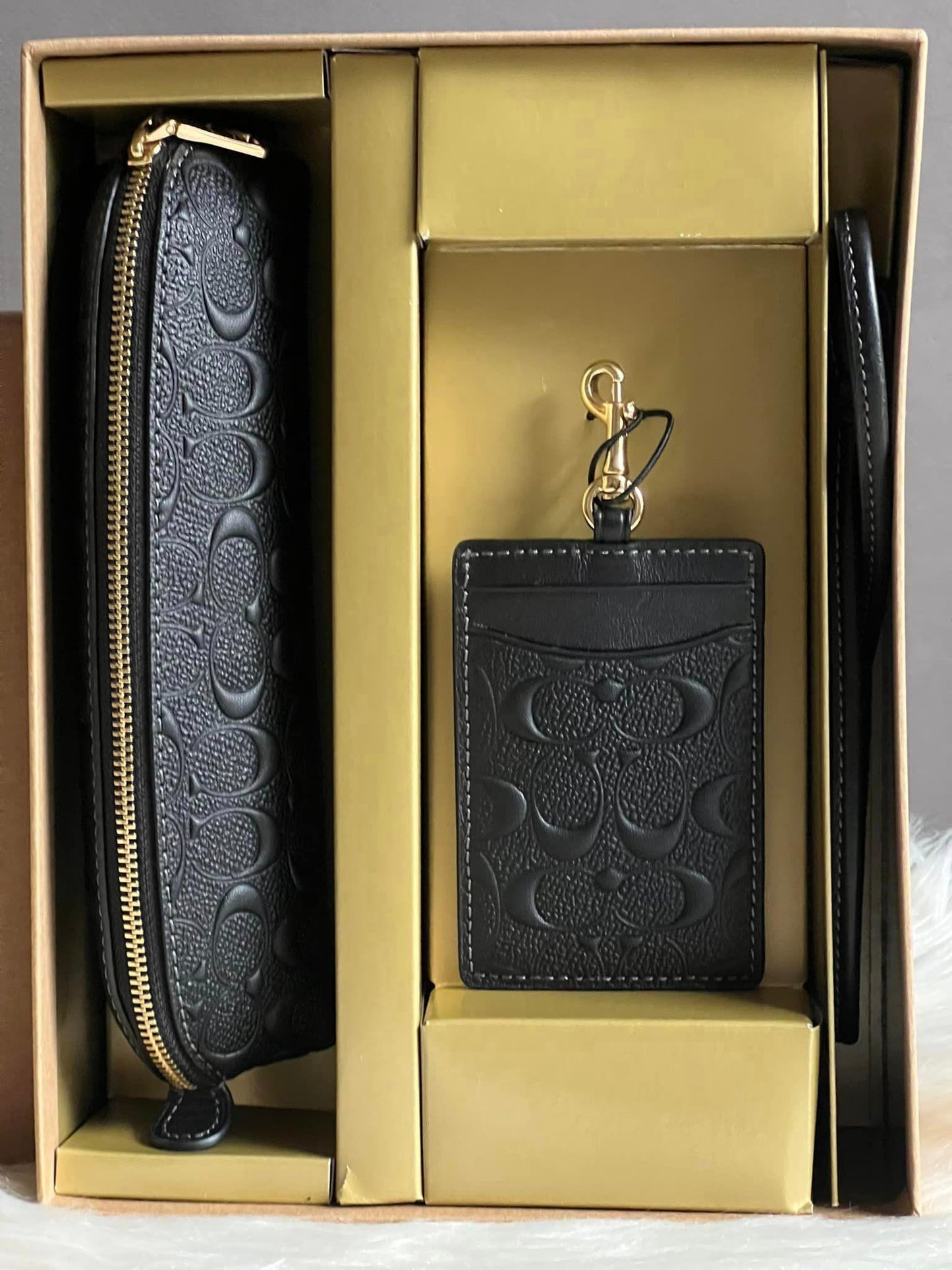 Coach Boxed Pencil Case and ID Lanyard Set in Signature Leather