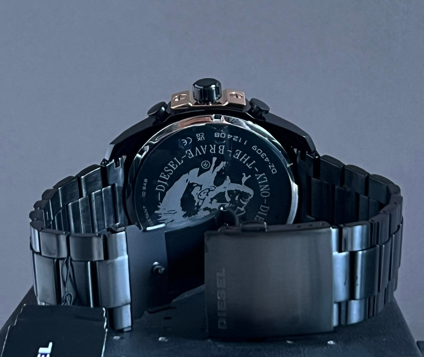 Diesel Men’s Mega Chief Black IP and Rose Gold Chronograph