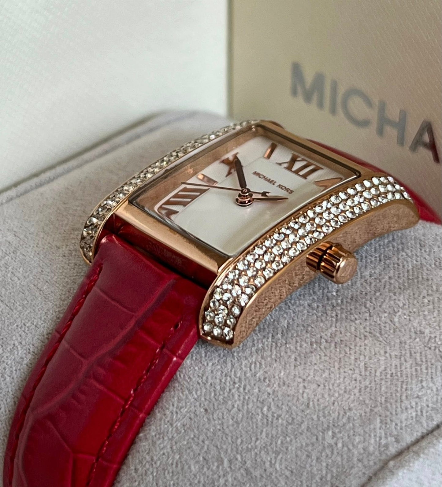 Michael Kors Women’s Mini Emery Pavé Rose Gold-Tone and Crocodile Embossed Leather Watch