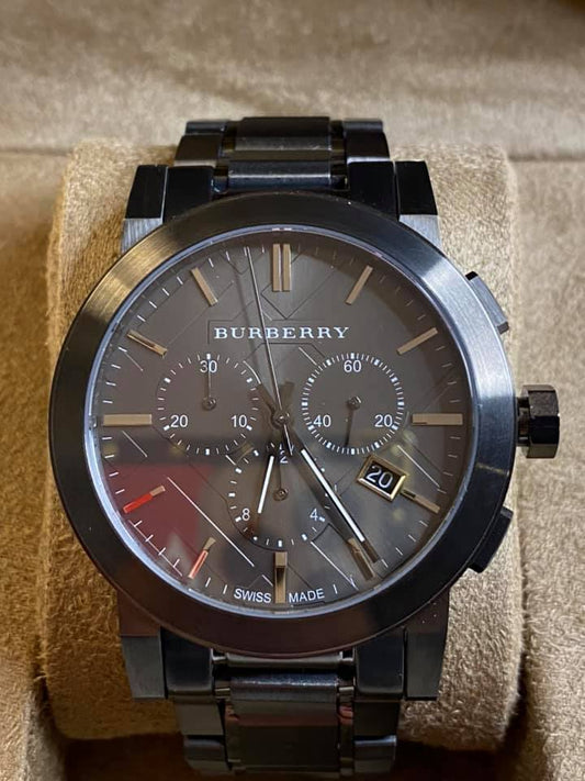 Burberry Men’s Large Check Gray Ion-Plated Stainless Steel Watch