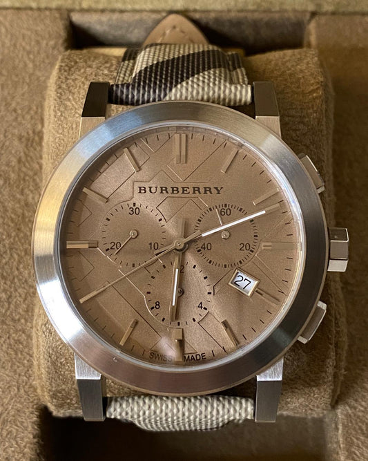 Burberry Men’s Swiss Chronograph Brown Impressed Check Fabric Strap Watch
