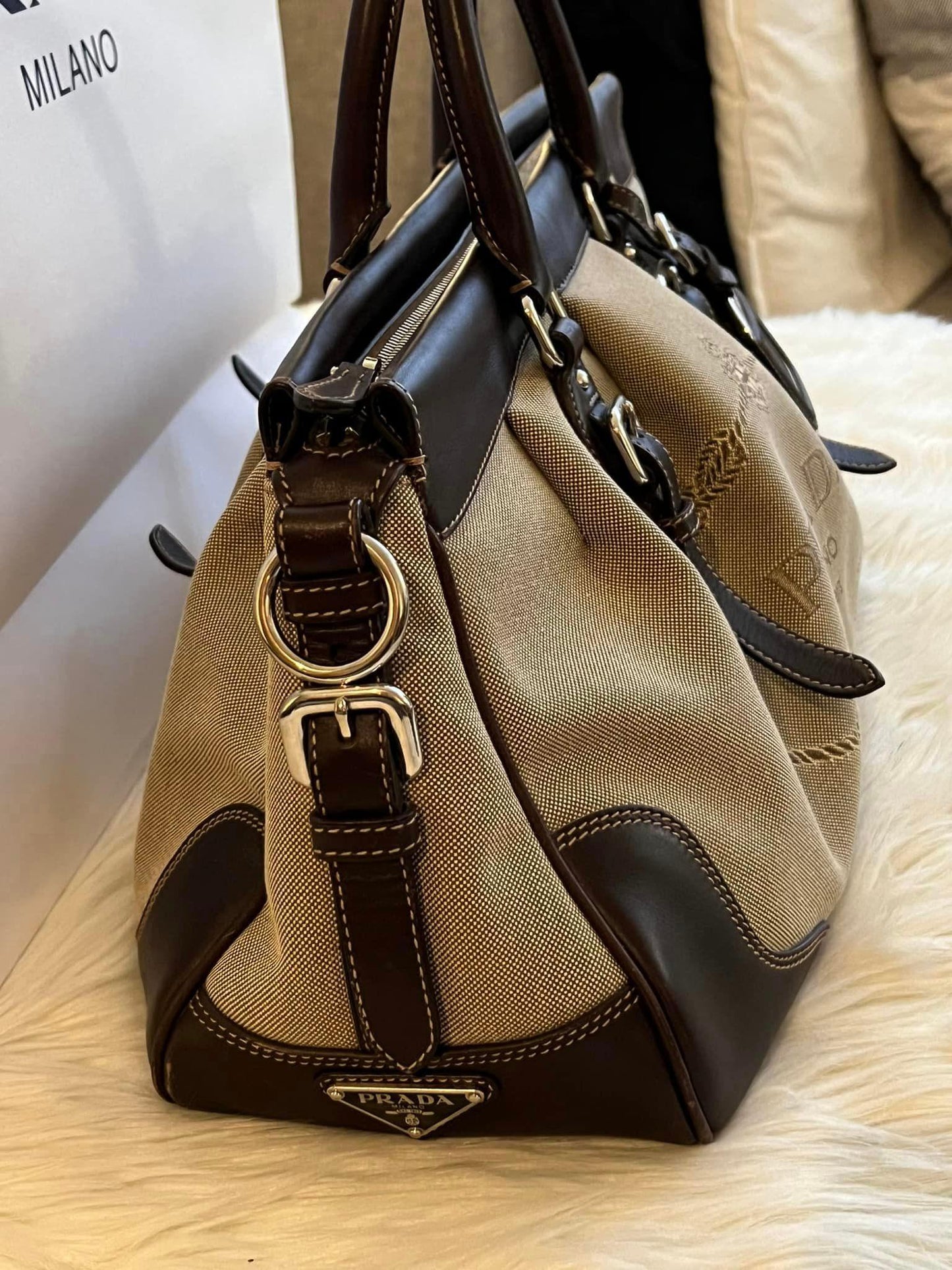 Prada Logo Satchel in Jacquard Canvas