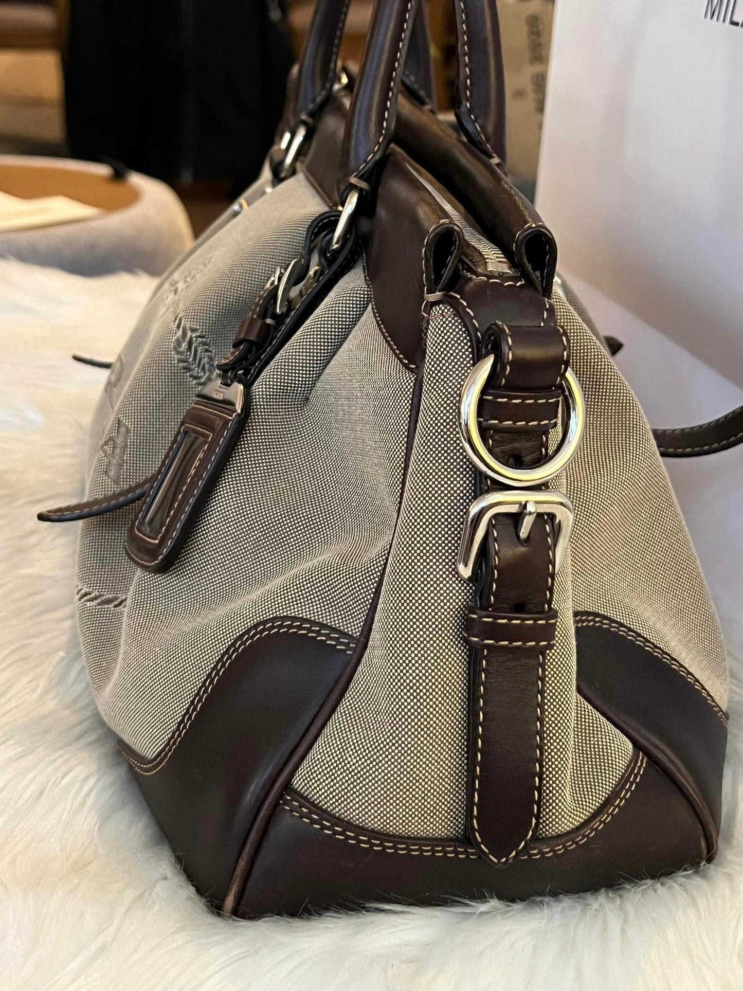 Prada Logo Satchel in Jacquard Canvas
