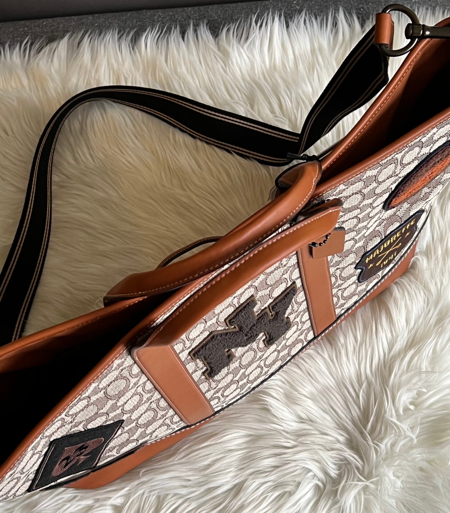 Coach Toby Turnlock Tote in Signature Textile Jacquard with Varsity Patches