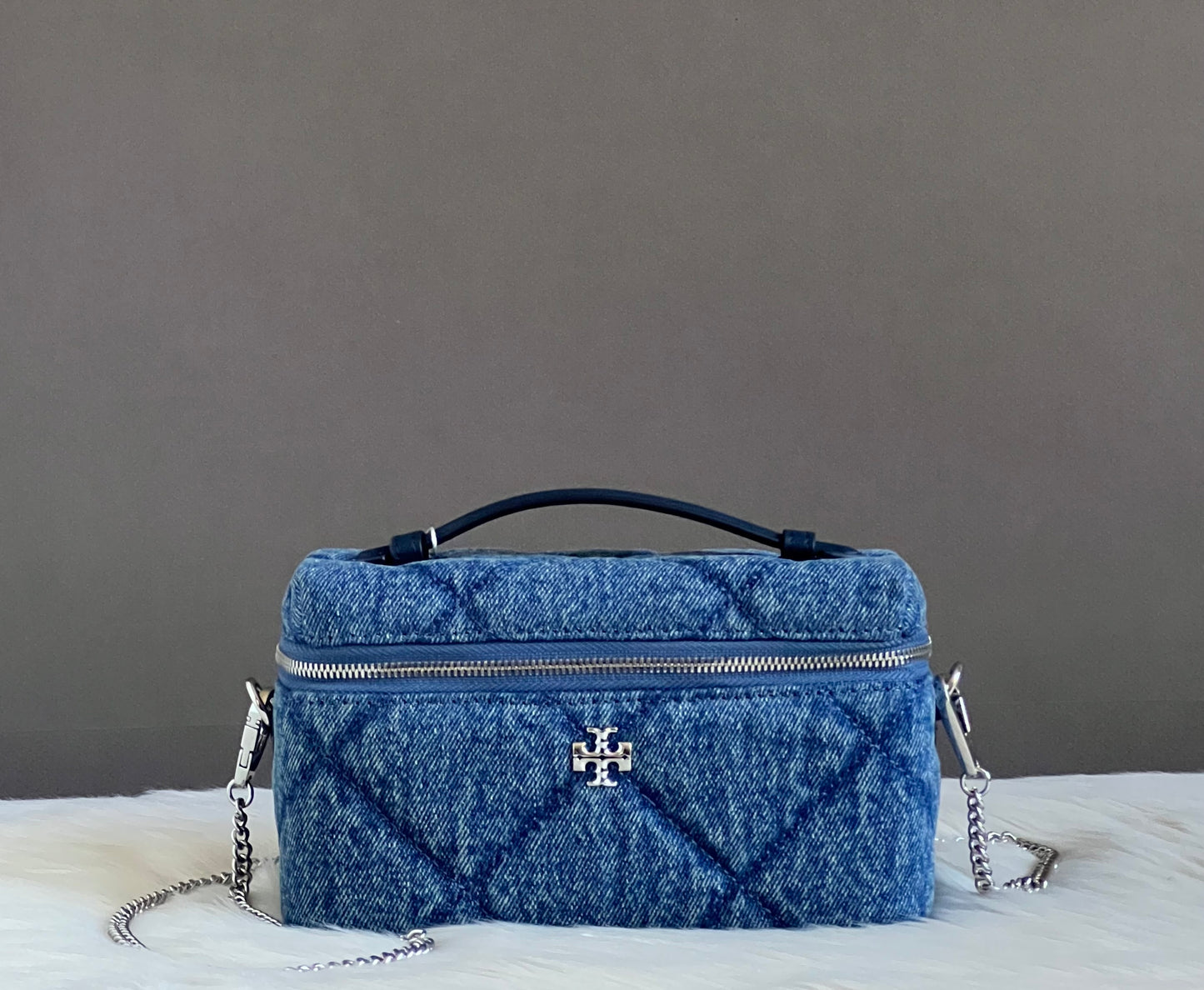 Tory Burch Kira Diamond Quilt Denim Vanity Case