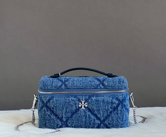 Tory Burch Kira Diamond Quilt Denim Vanity Case