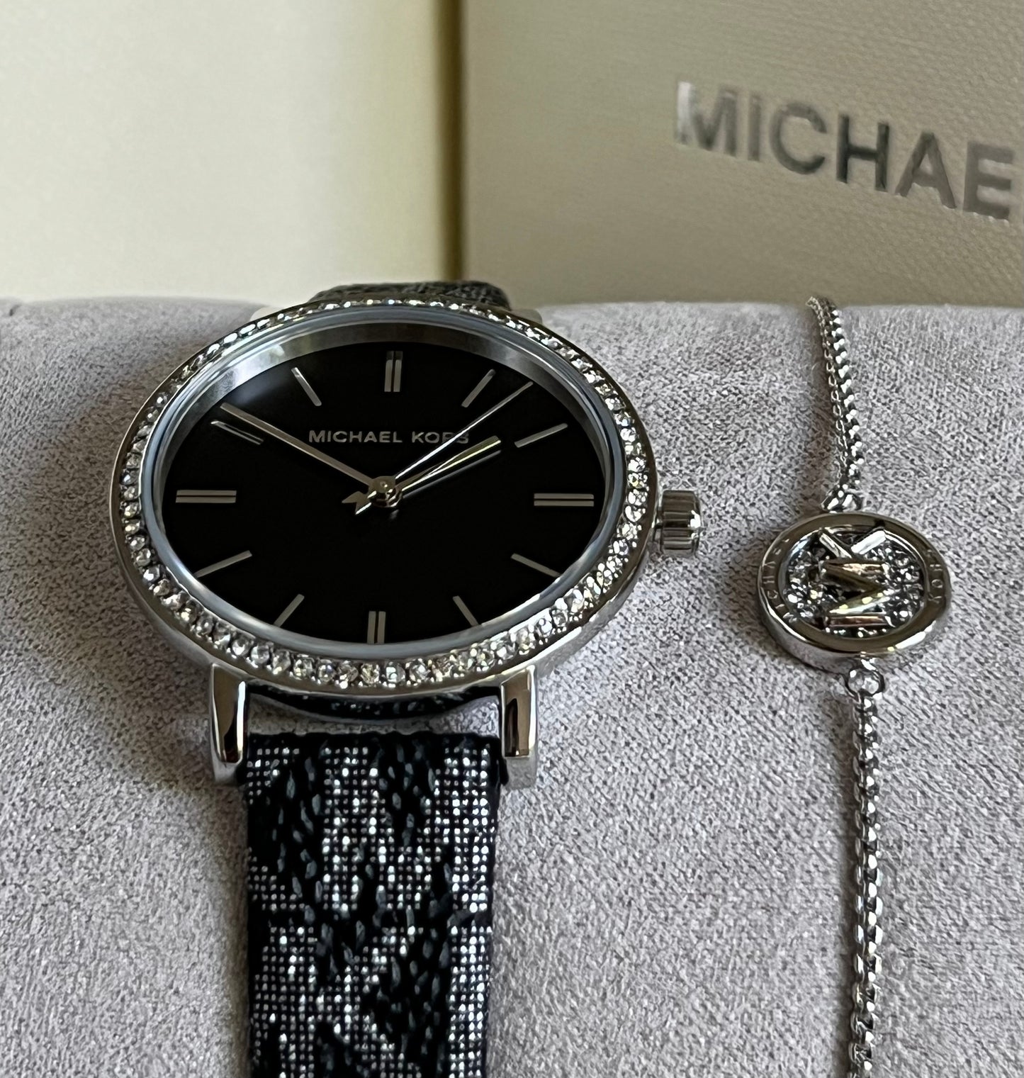 Michael Kors Three-Hand Black and Silver Metallic PVC Watch and Jewelry Set