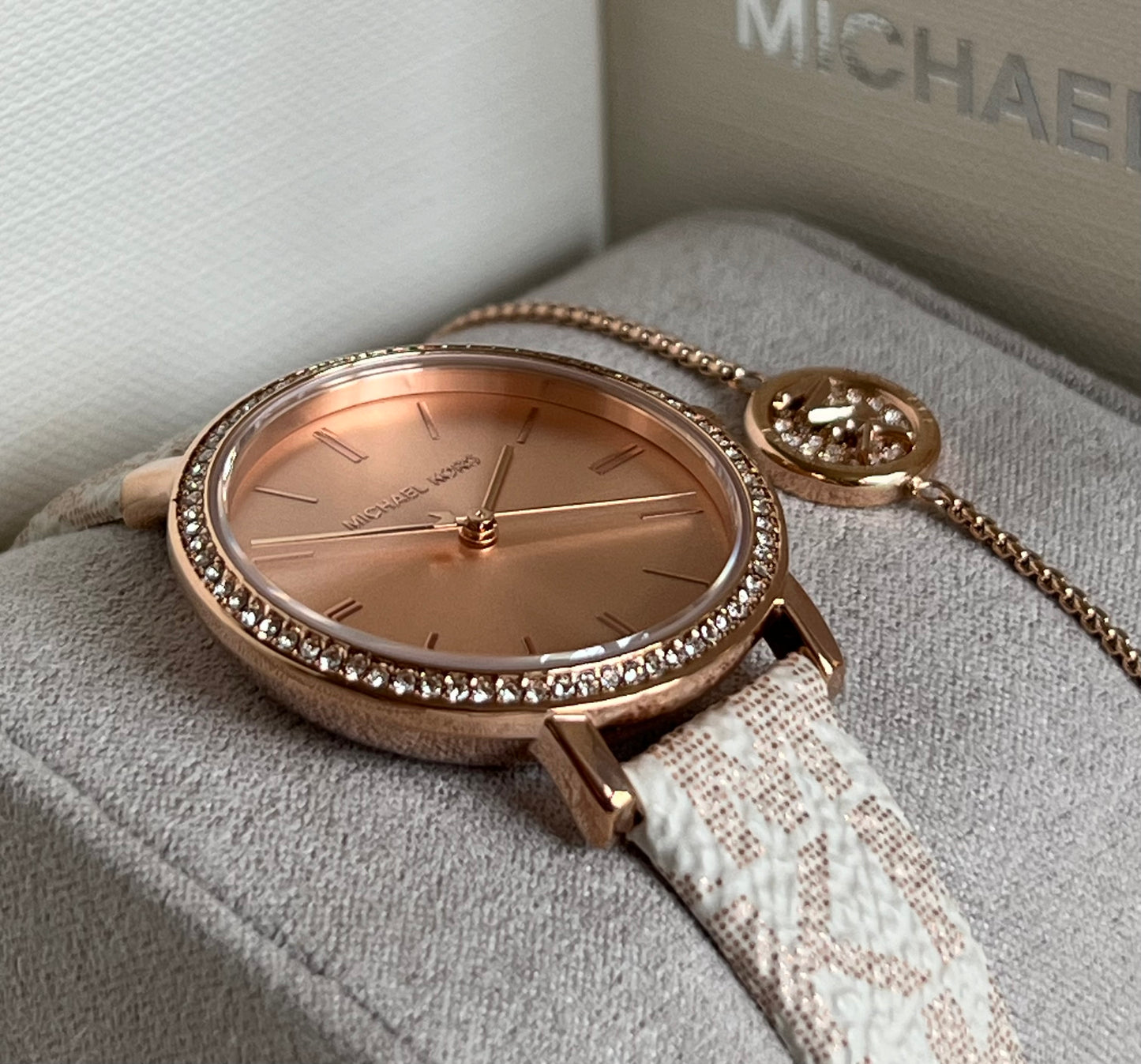 Michael Kors Three-Hand Rose Gold and Vanilla Metallic PVC Watch and Jewelry Set
