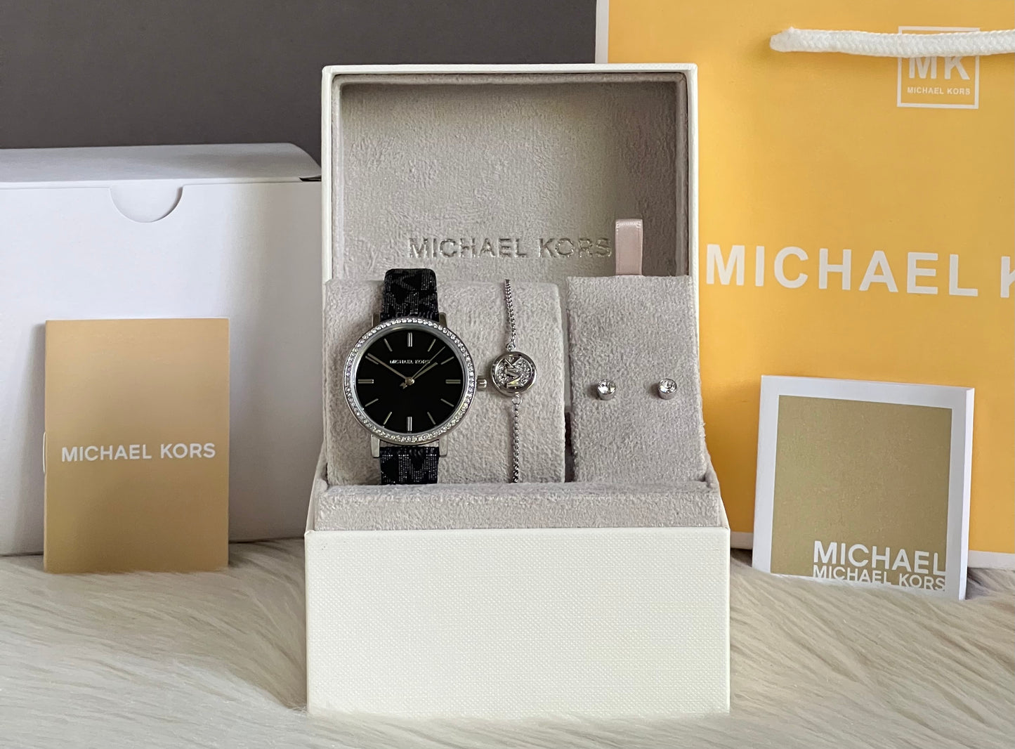 Michael Kors Three-Hand Black and Silver Metallic PVC Watch and Jewelry Set