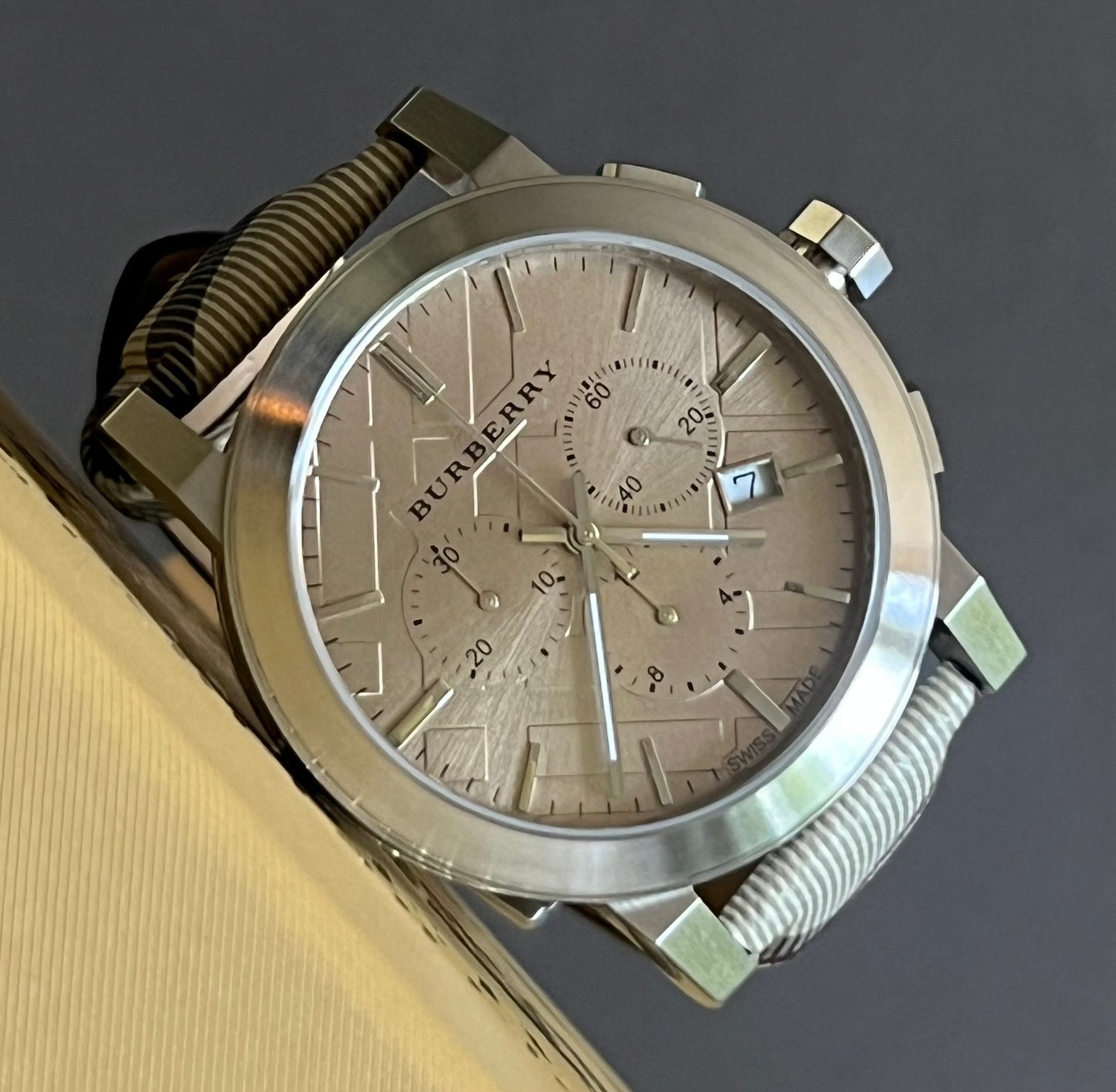 Burberry Men’s Swiss Chronograph Brown Impressed Check Fabric Strap Watch